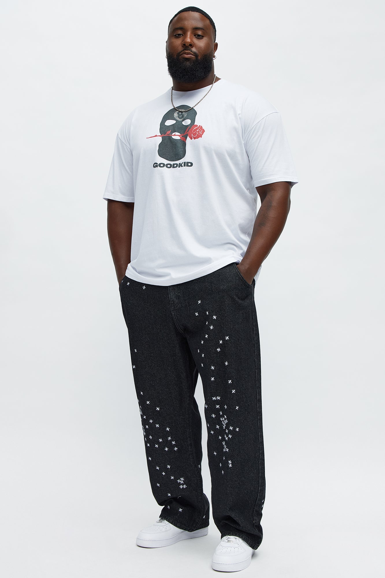 Baggy Embroidered Crosses Jeans - Black