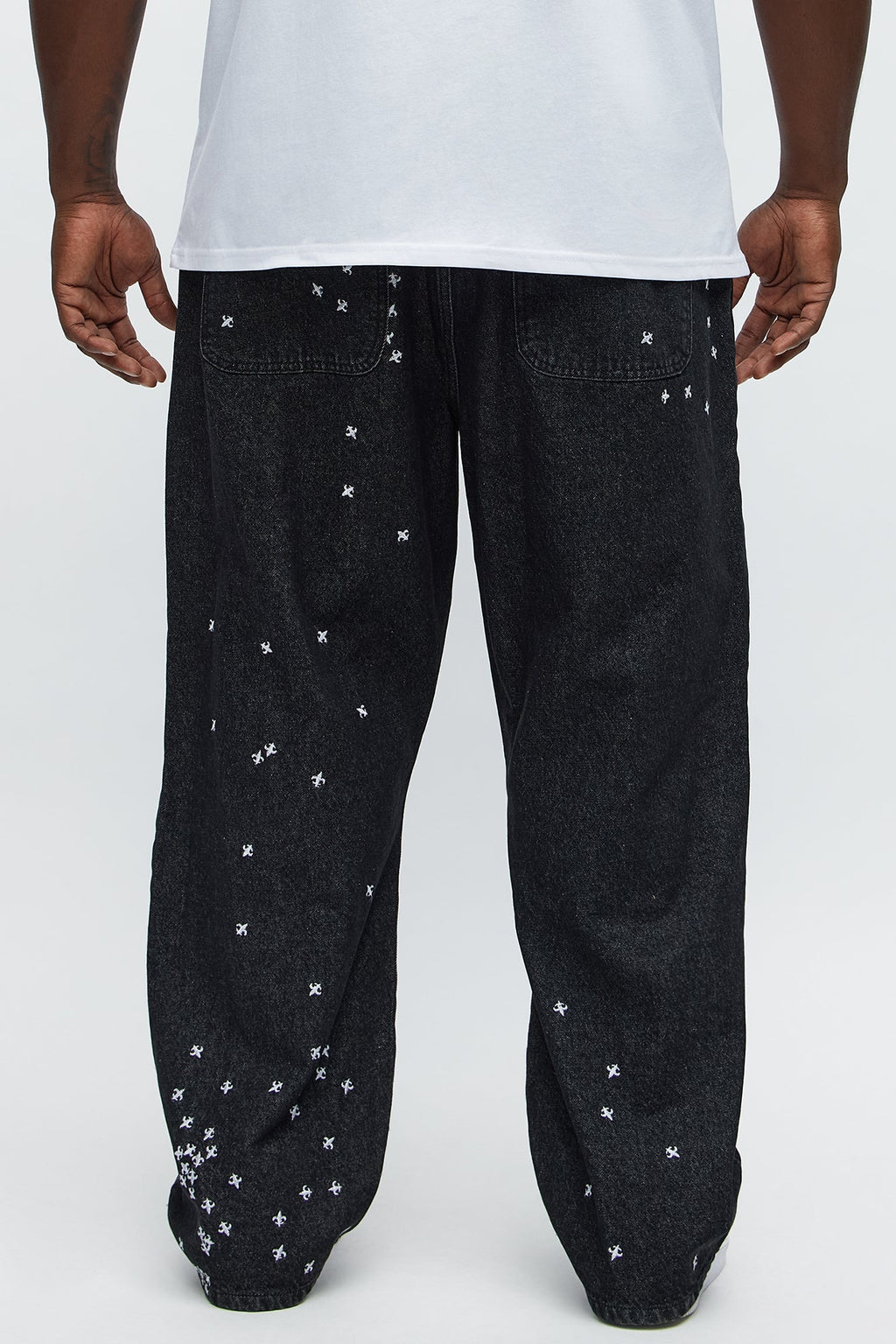 Baggy Embroidered Crosses Jeans - Black