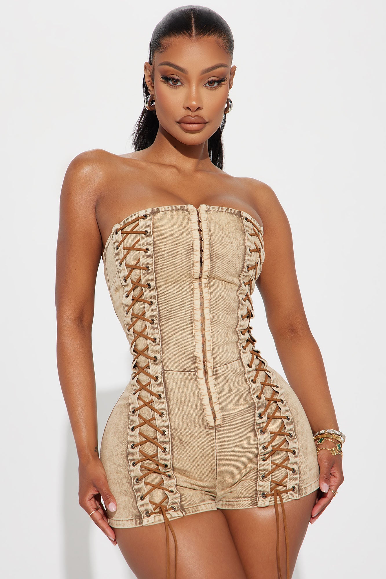 Lace Up Rodeo Romper - Tan