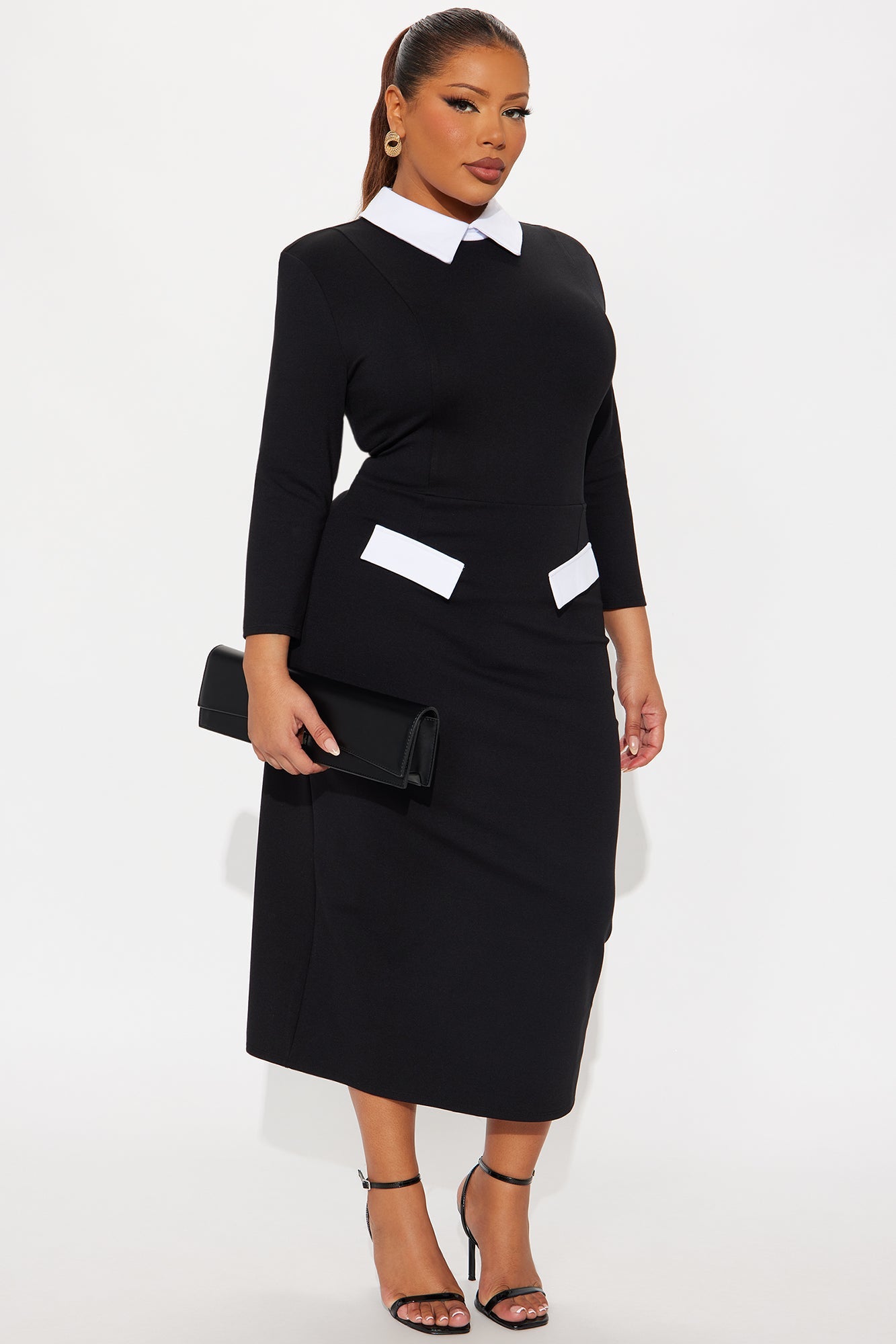 All Business 3/4 Sleeve Ponte Midi Dress - Black/White