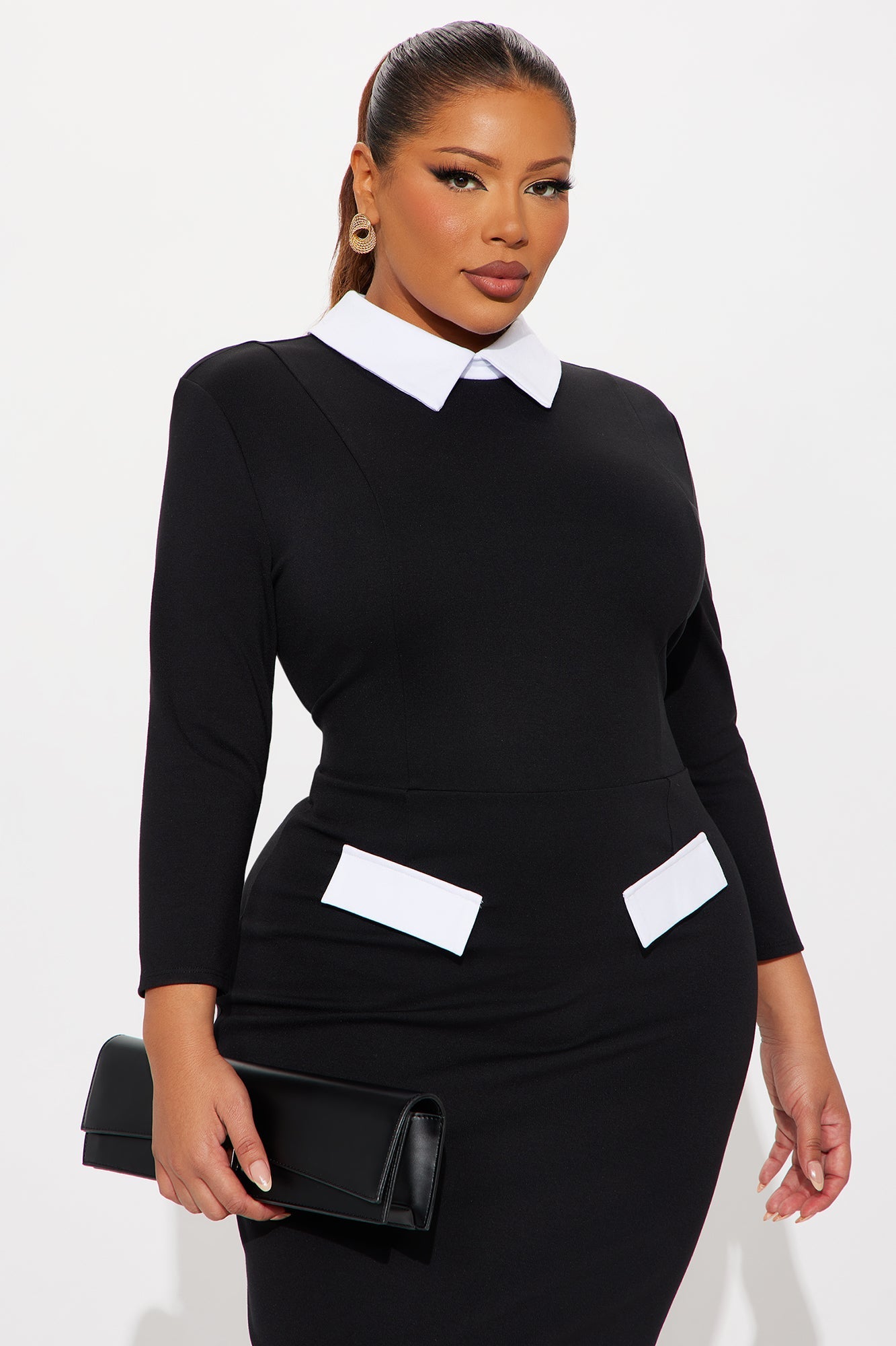 All Business 3/4 Sleeve Ponte Midi Dress - Black/White