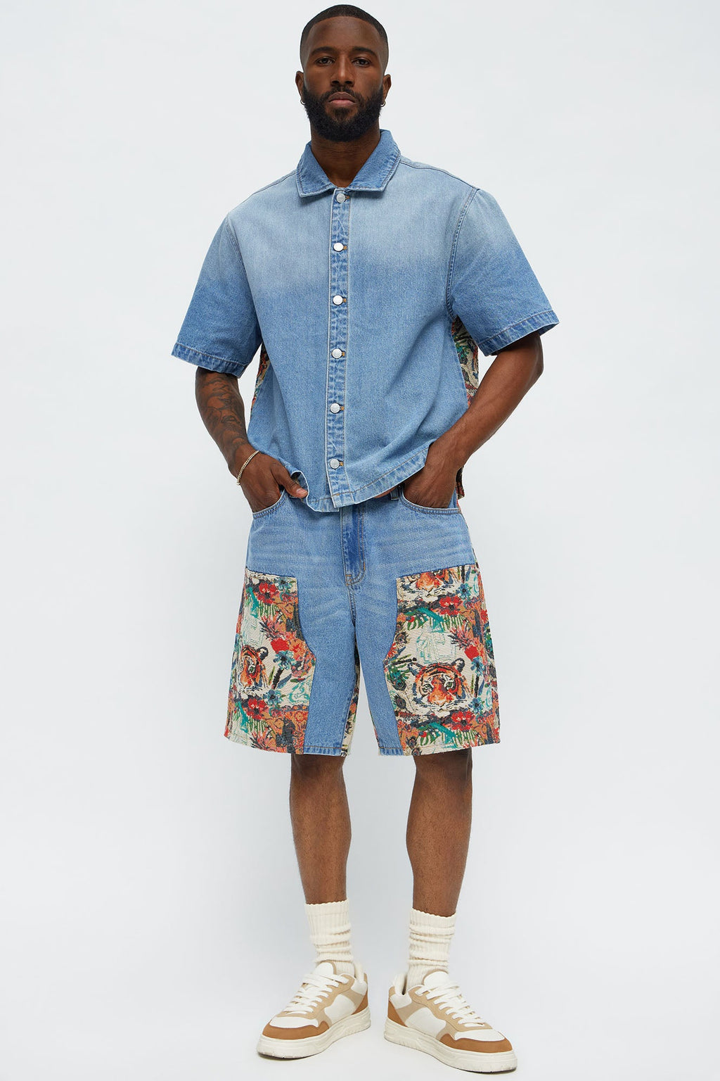 Relaxed Ansel Tapestry Carpenter Denim Shorts  - Blue/combo