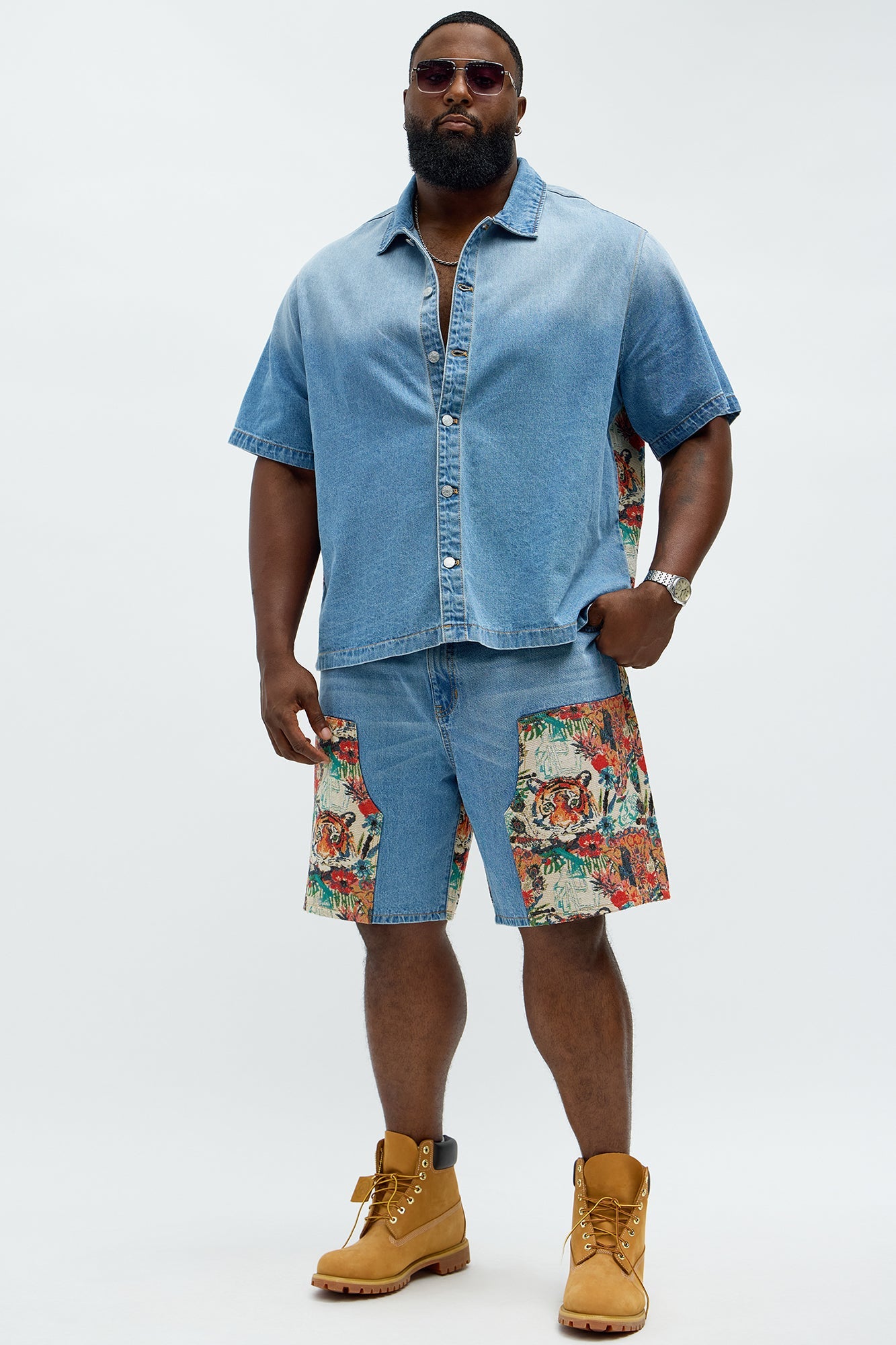 Relaxed Ansel Tapestry Carpenter Denim Shorts  - Blue/combo