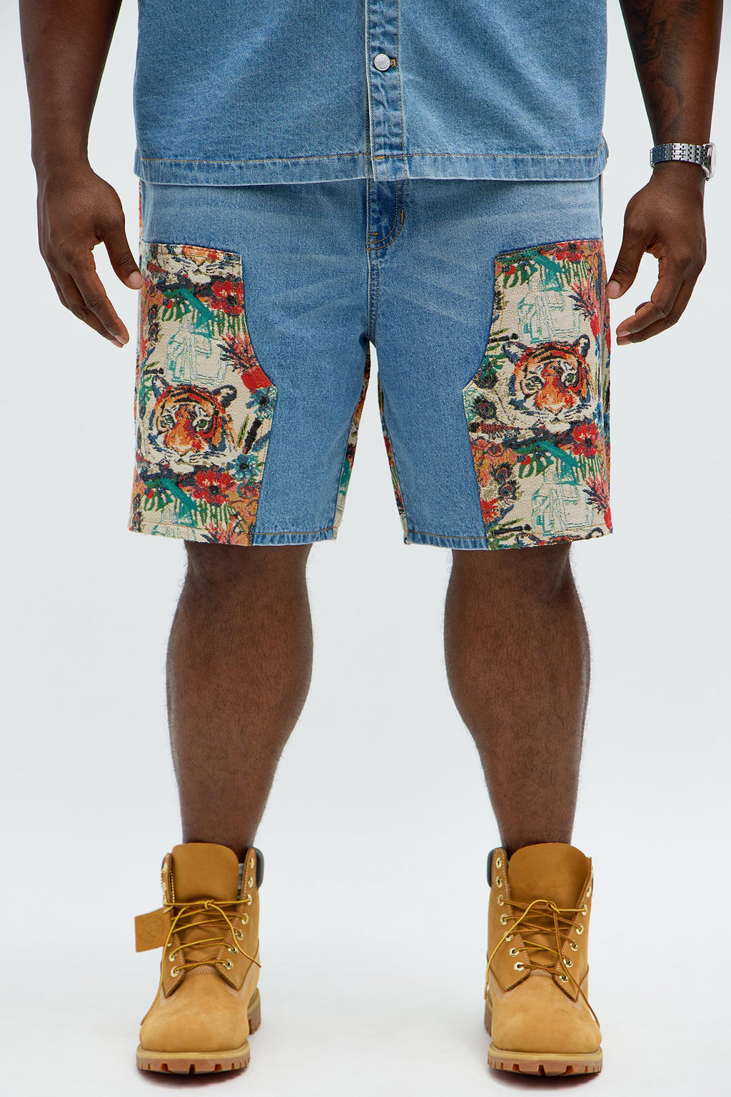 Relaxed Ansel Tapestry Carpenter Denim Shorts  - Blue/combo
