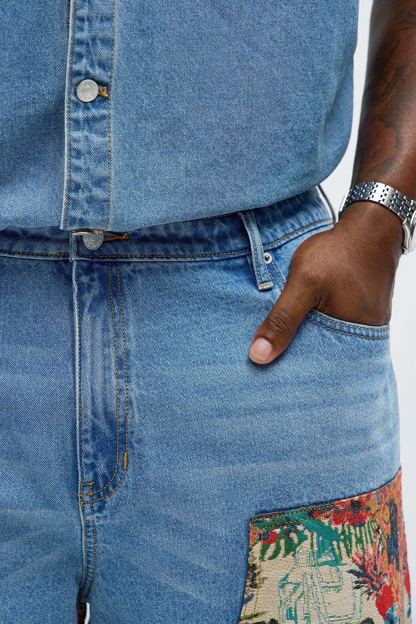 Relaxed Ansel Tapestry Carpenter Denim Shorts  - Blue/combo