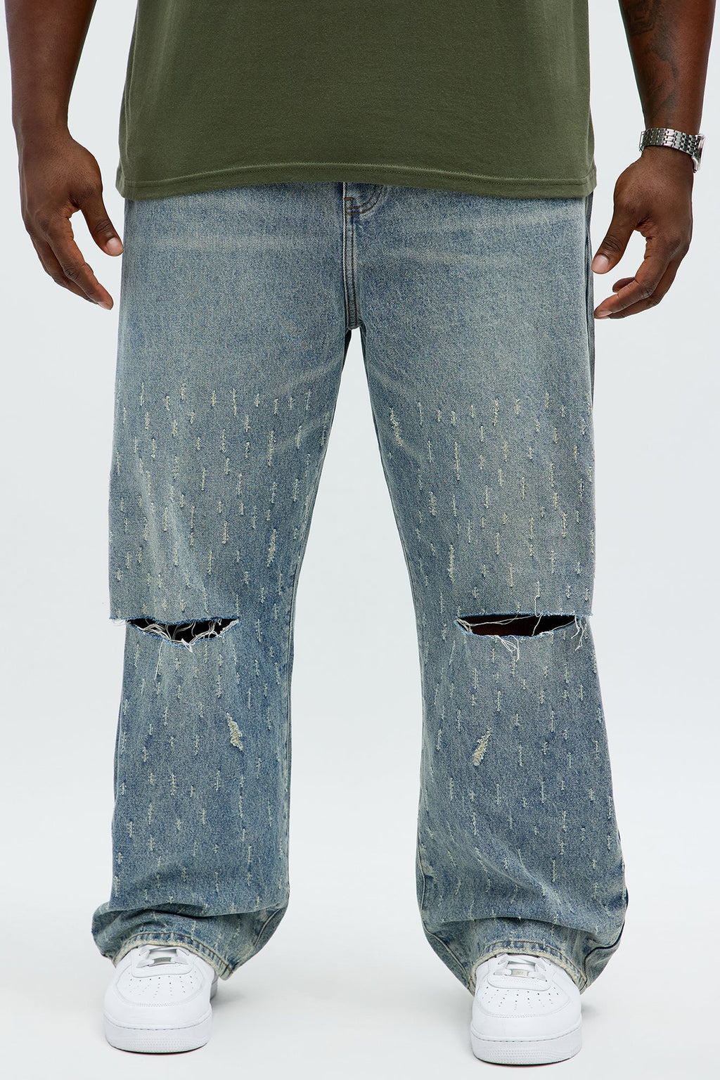 Baggy Scattered Distressed Jeans - Medium Blue Wash