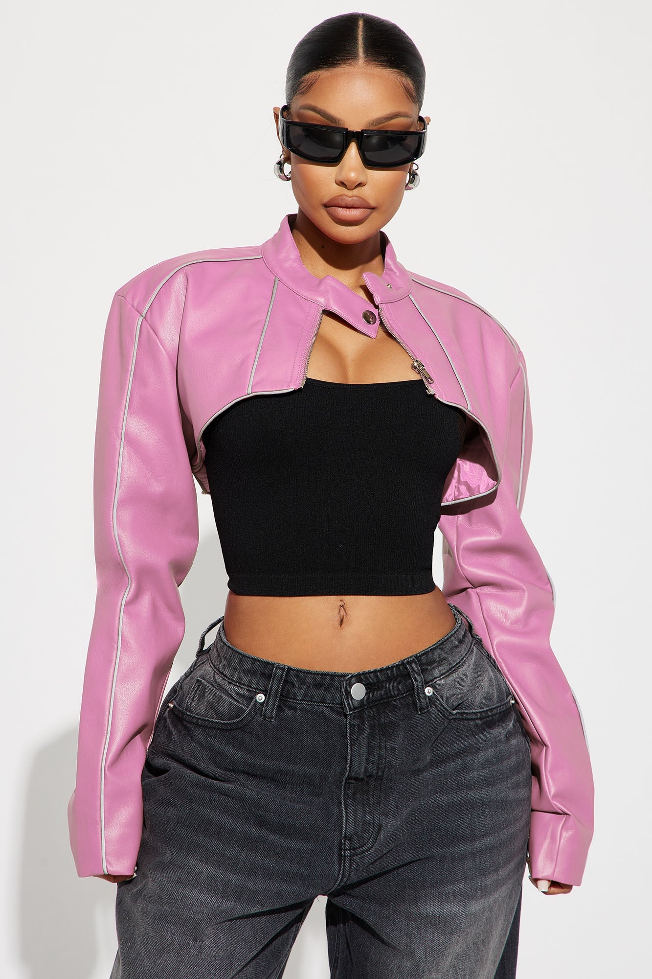 Jessie Faux Leather Cropped Bolero Jacket - Pink