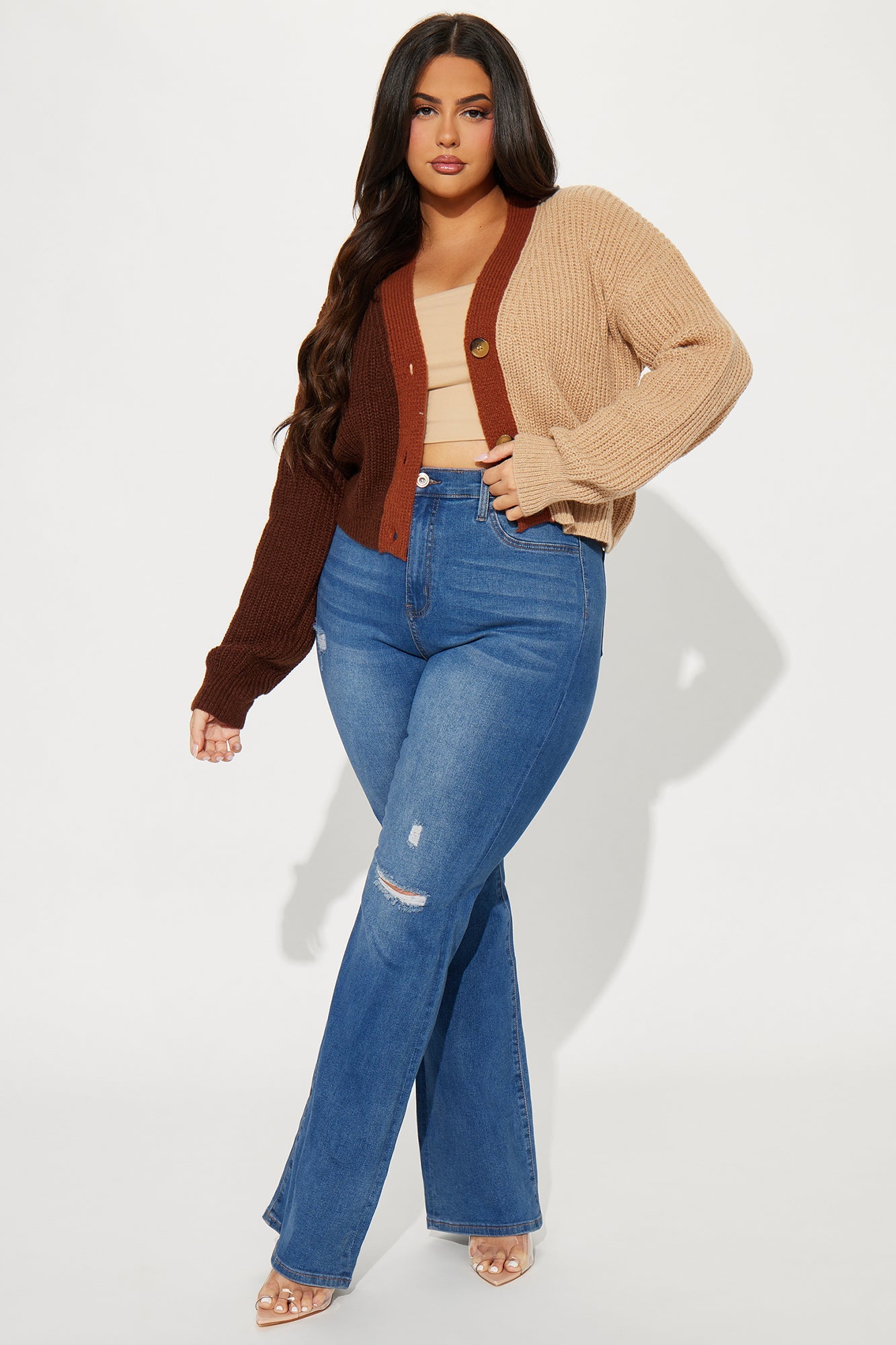 Katja Color Block Cropped Cardigan - Brown/combo