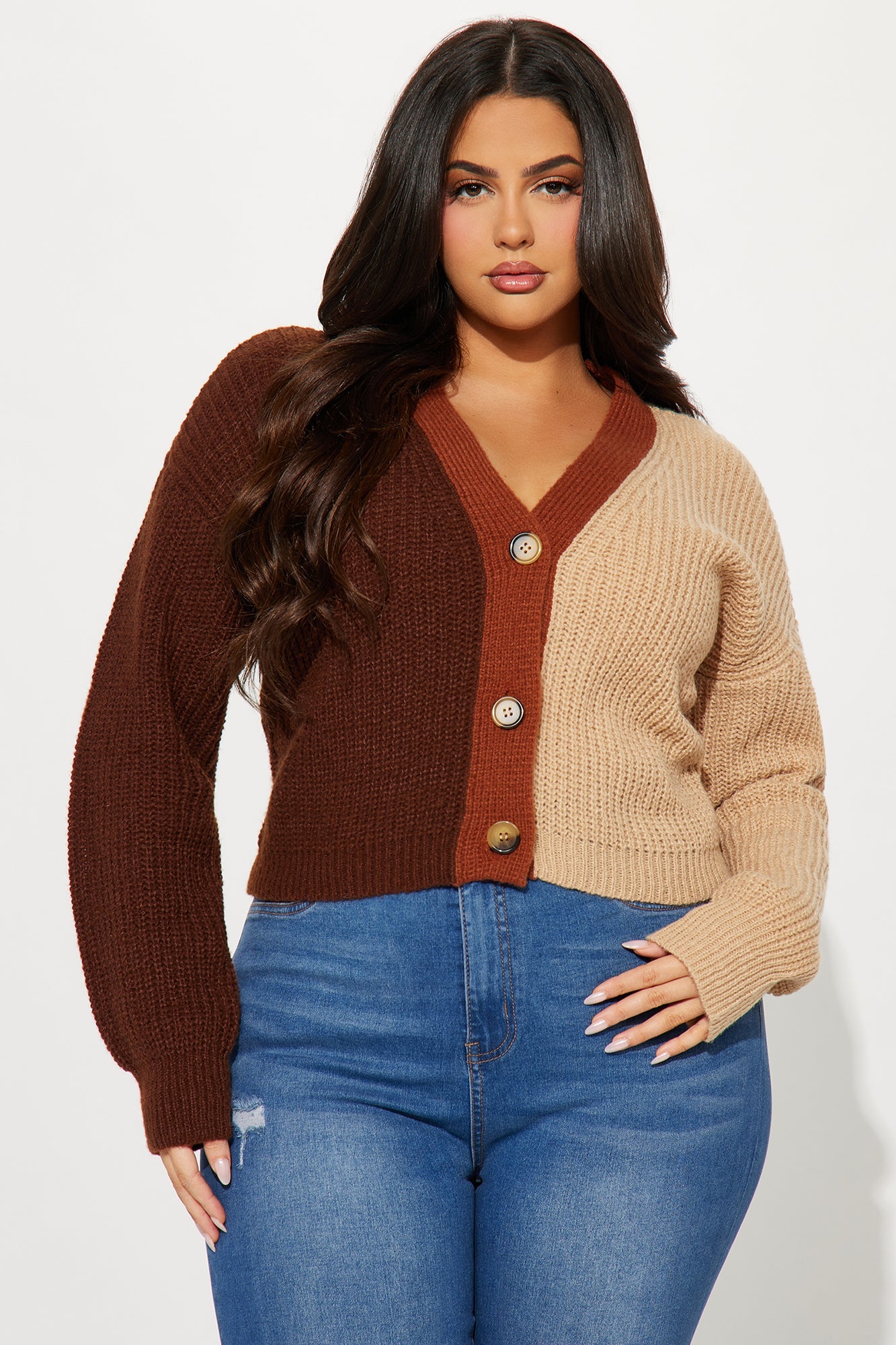 Katja Color Block Cropped Cardigan - Brown/combo