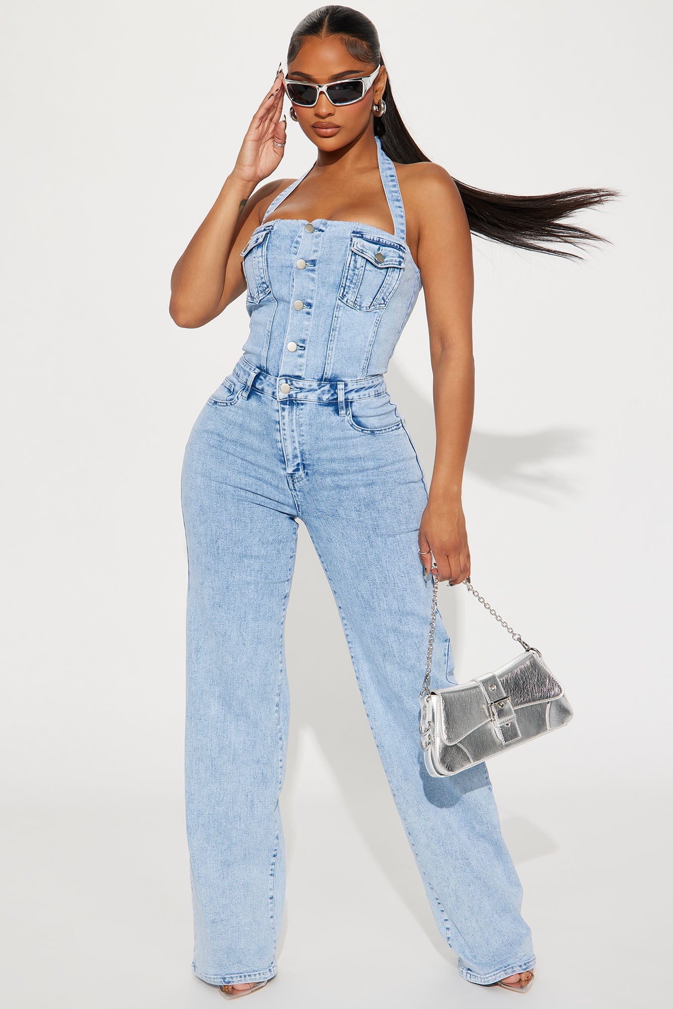 Stay Around Denim Jumpsuit - Light Wash