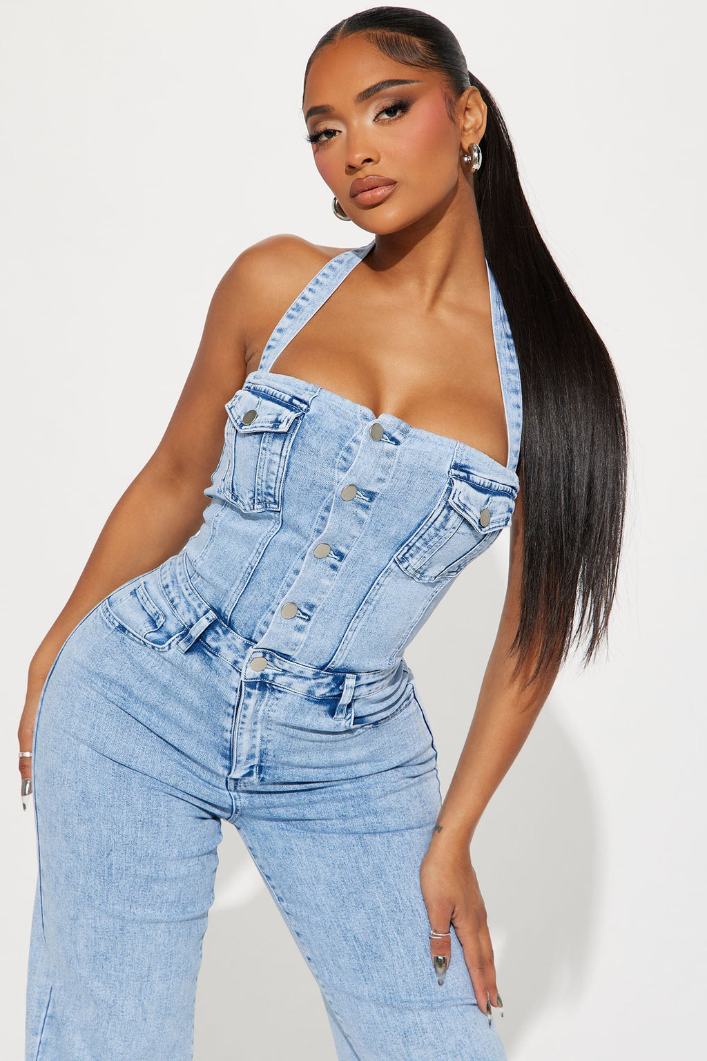 Stay Around Denim Jumpsuit - Light Wash