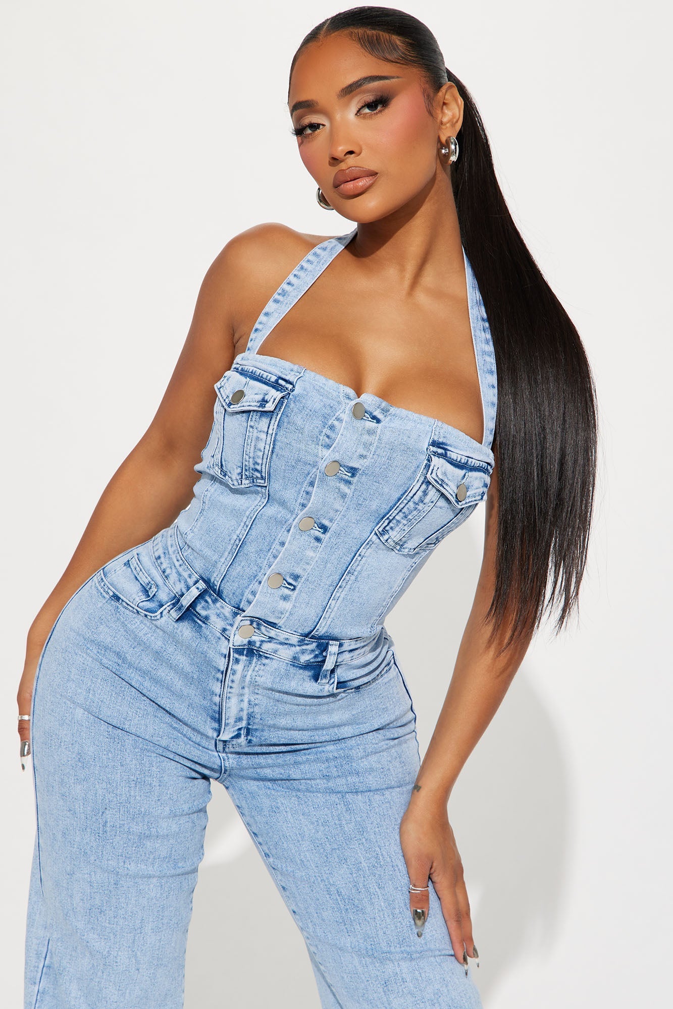 Stay Around Denim Jumpsuit - Light Wash