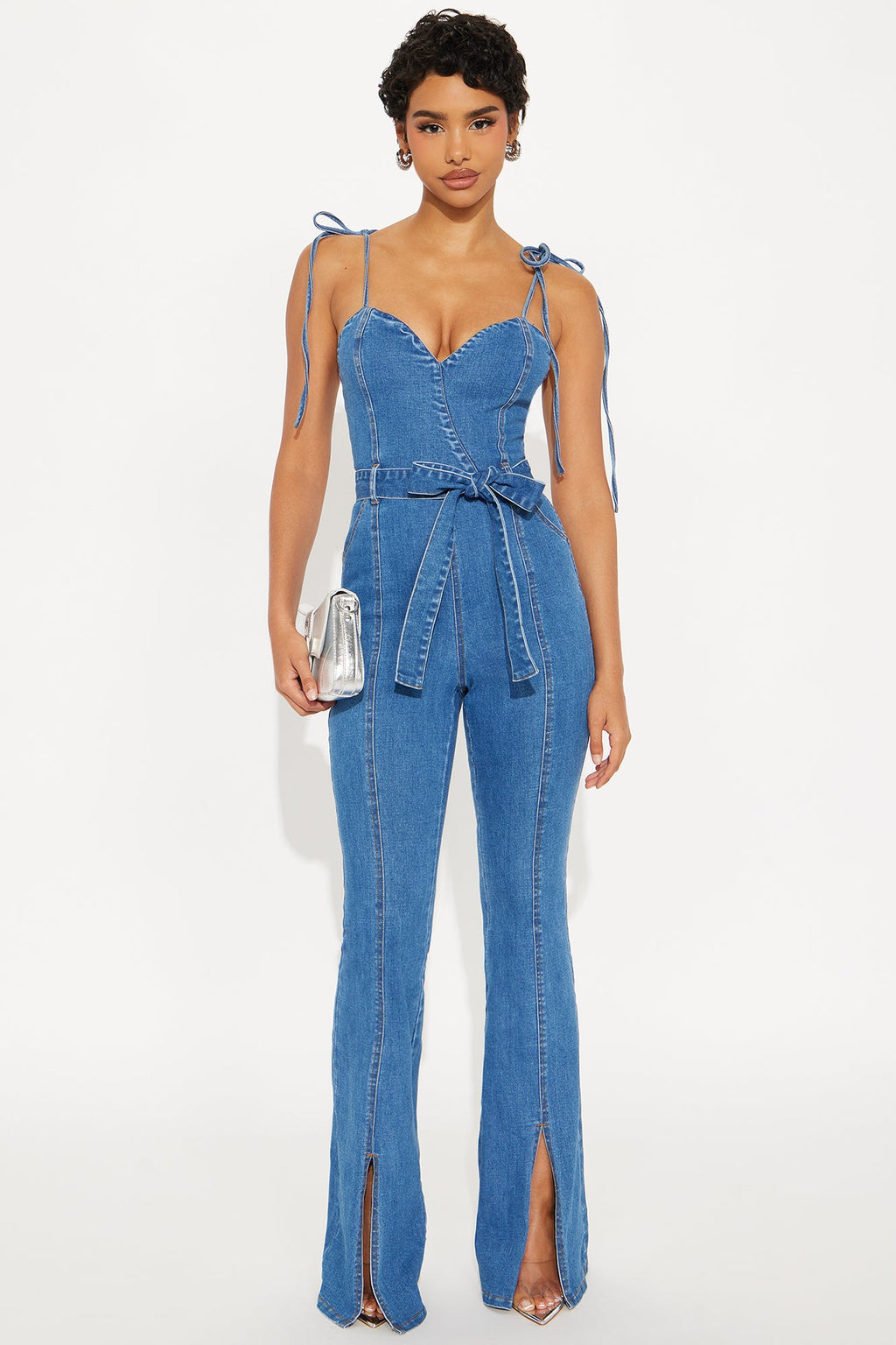 Mirna Stretch Denim Flare Jumpsuit - Medium
