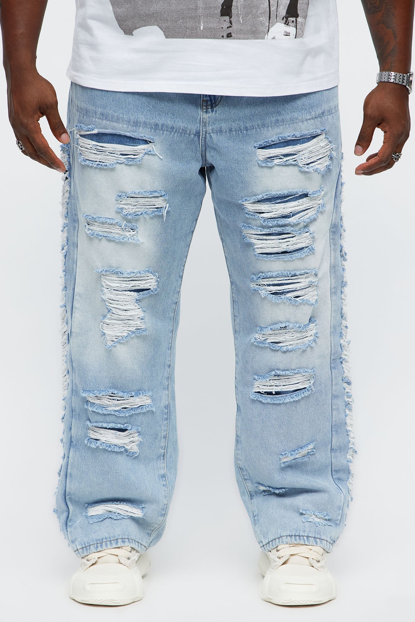 Baggy Busy In These Streets Destroyed Jeans - Light Blue Wash