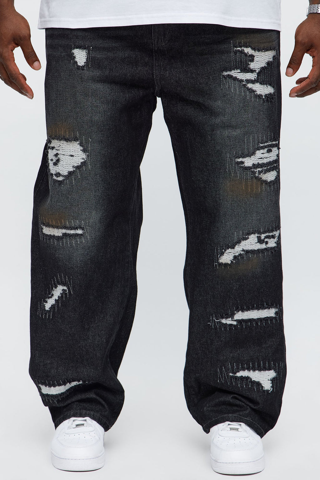 Baggy Vandal Stitch Distressed Jeans - Black Wash