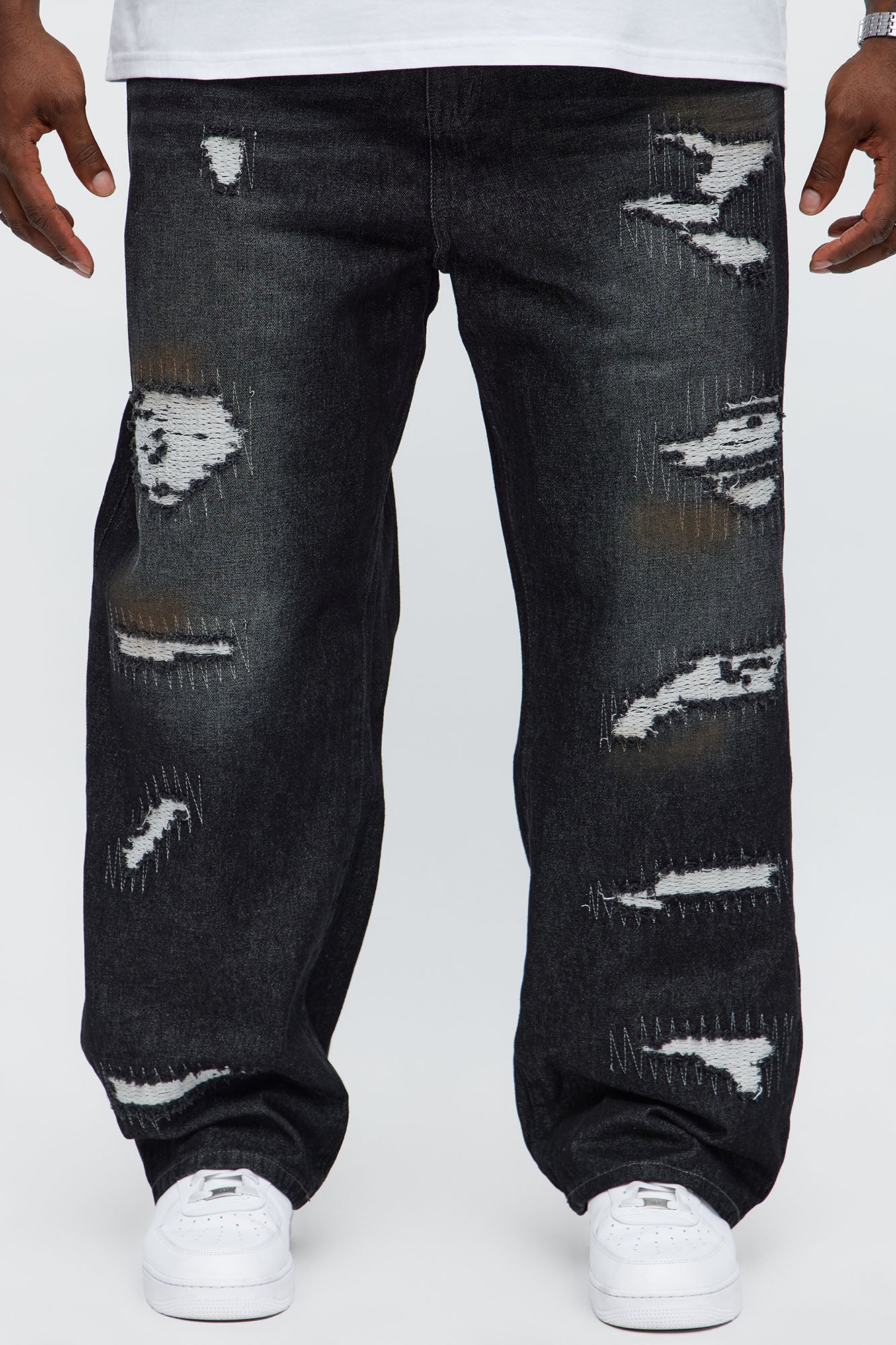 Baggy Vandal Stitch Distressed Jeans - Black Wash