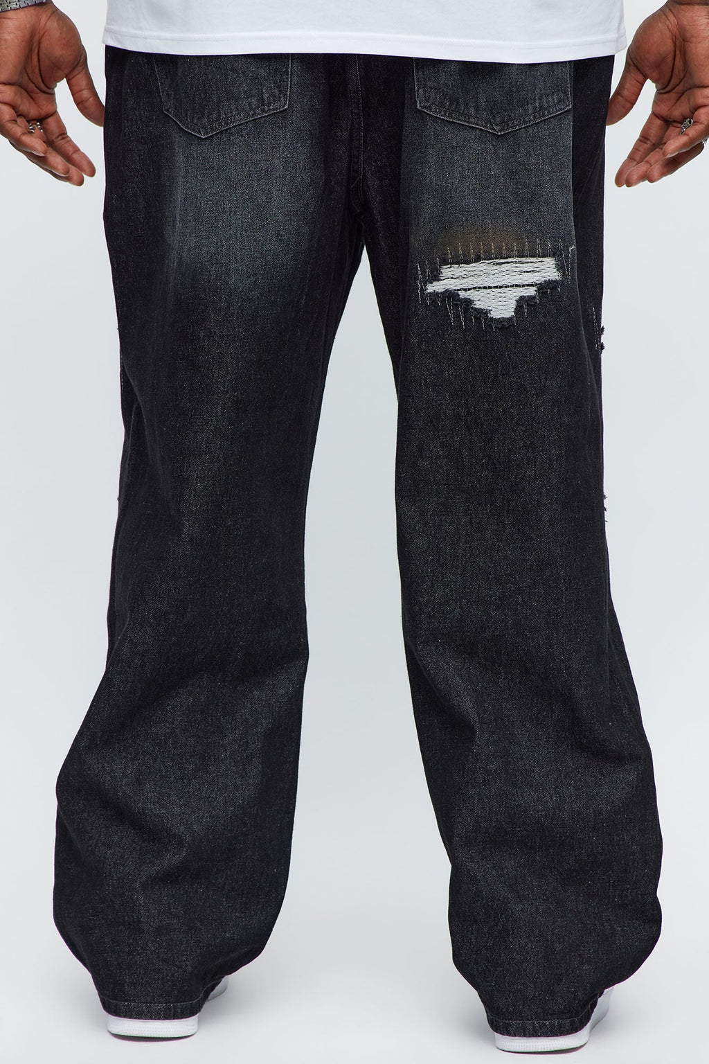 Baggy Vandal Stitch Distressed Jeans - Black Wash