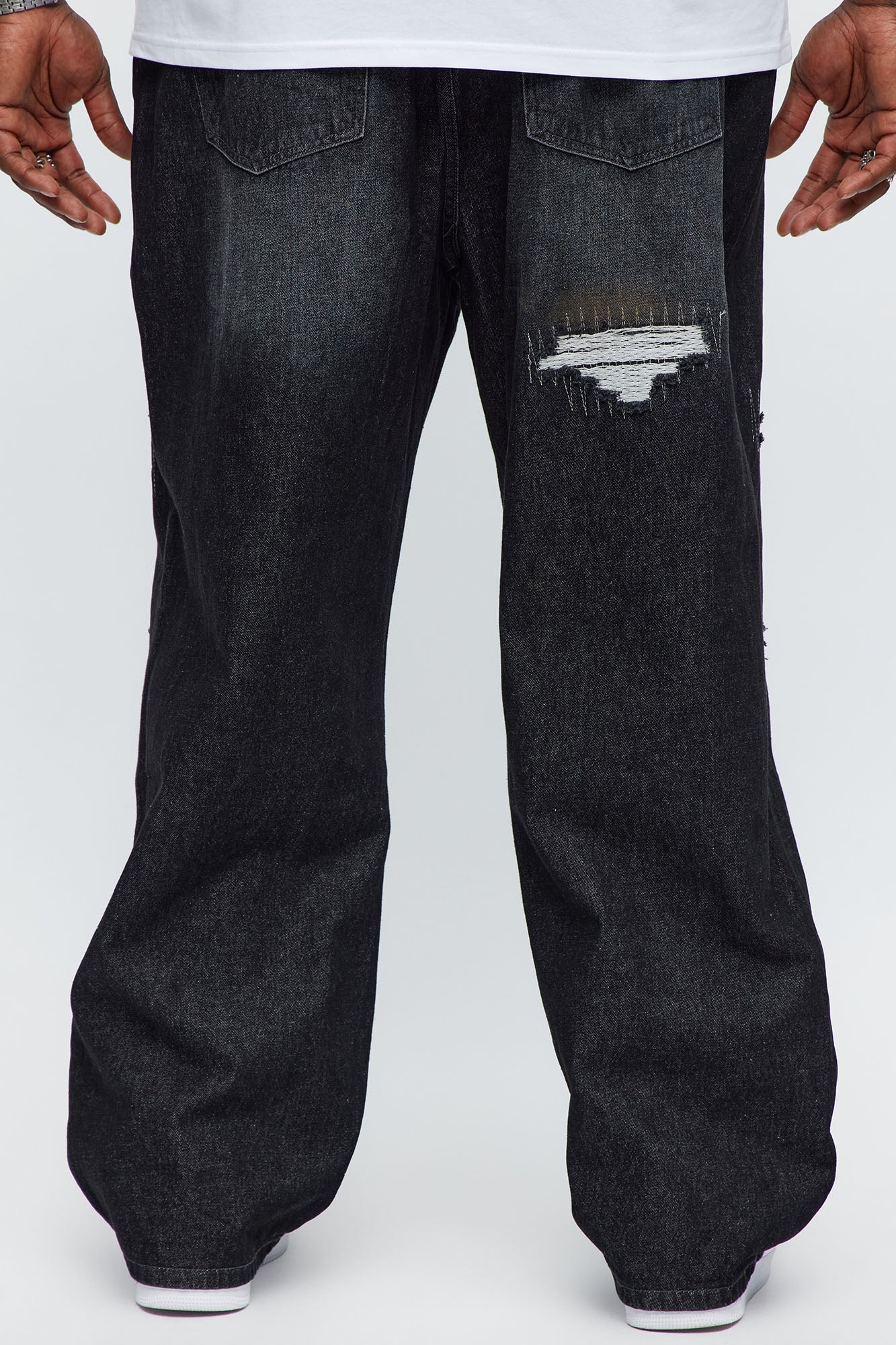 Baggy Vandal Stitch Distressed Jeans - Black Wash