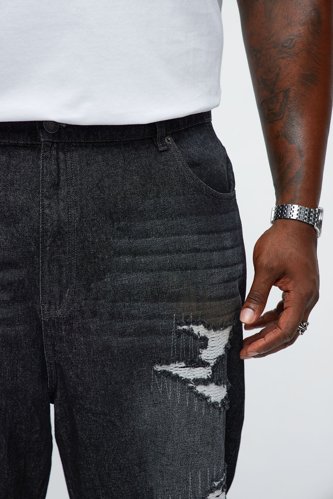Baggy Vandal Stitch Distressed Jeans - Black Wash