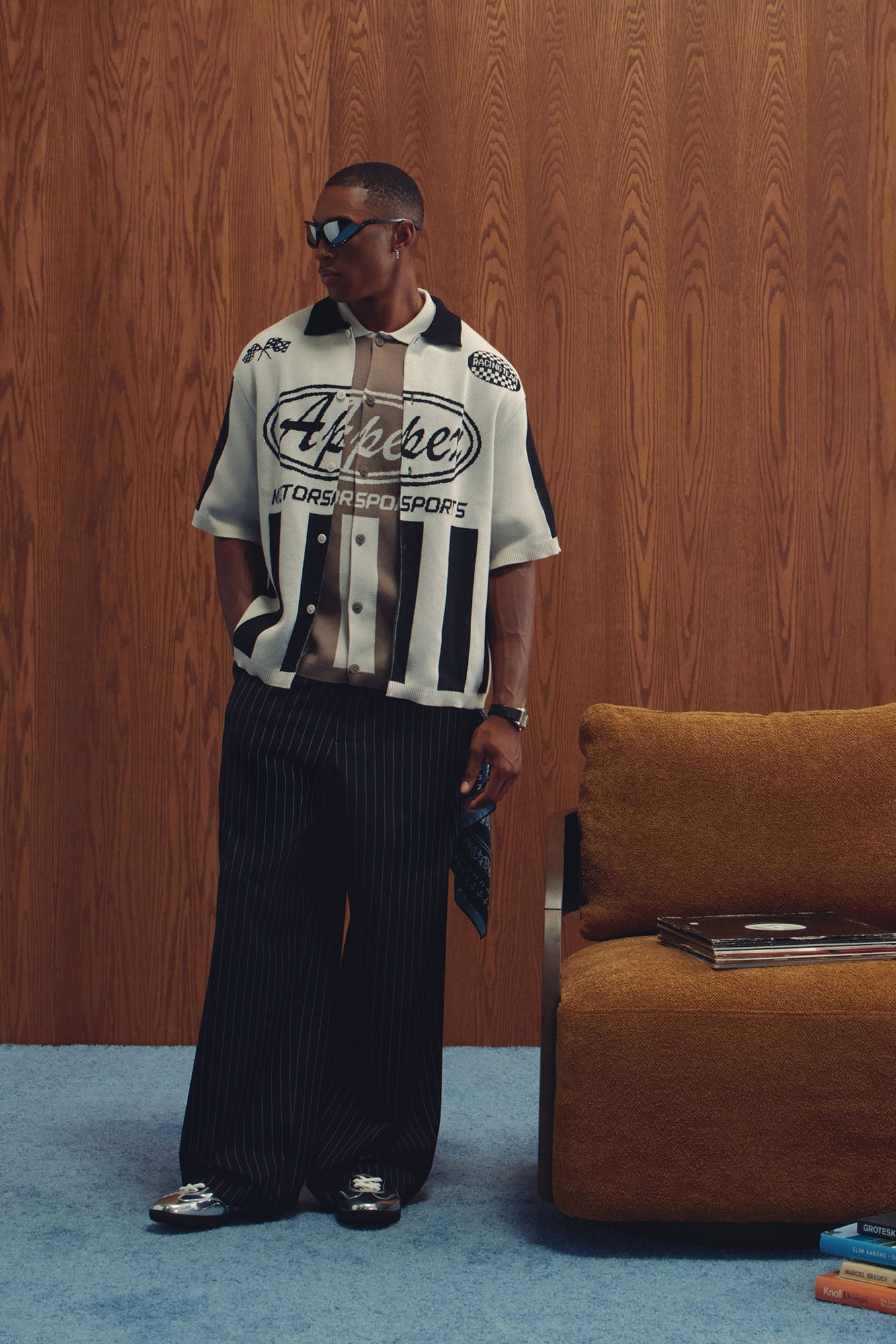 Wide Leg Straight Striped Trousers - Black