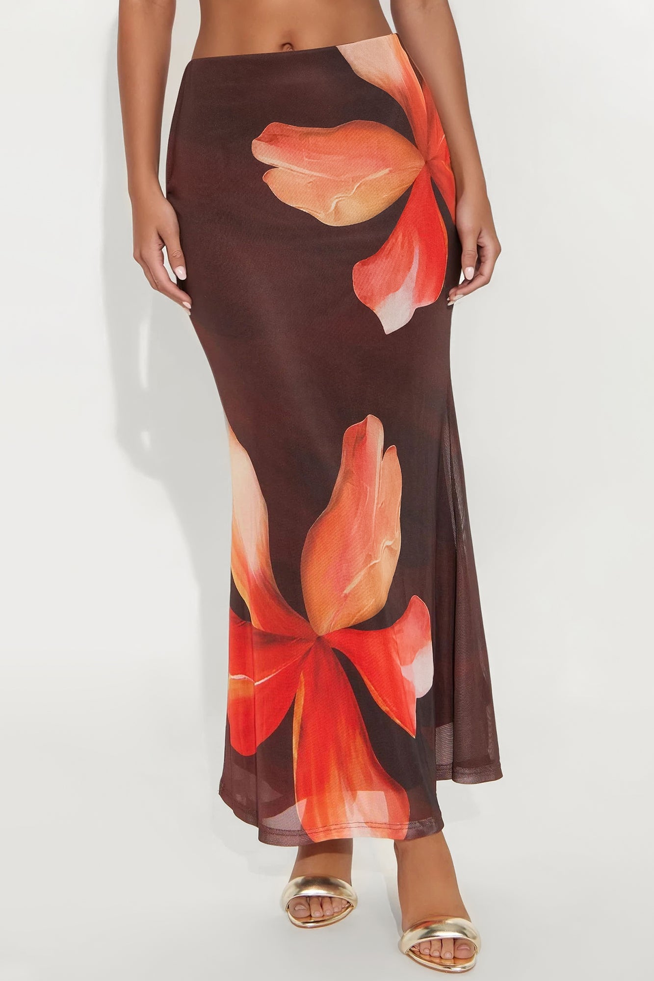 Into The Night Floral Mesh Maxi Skirt - Brown/combo