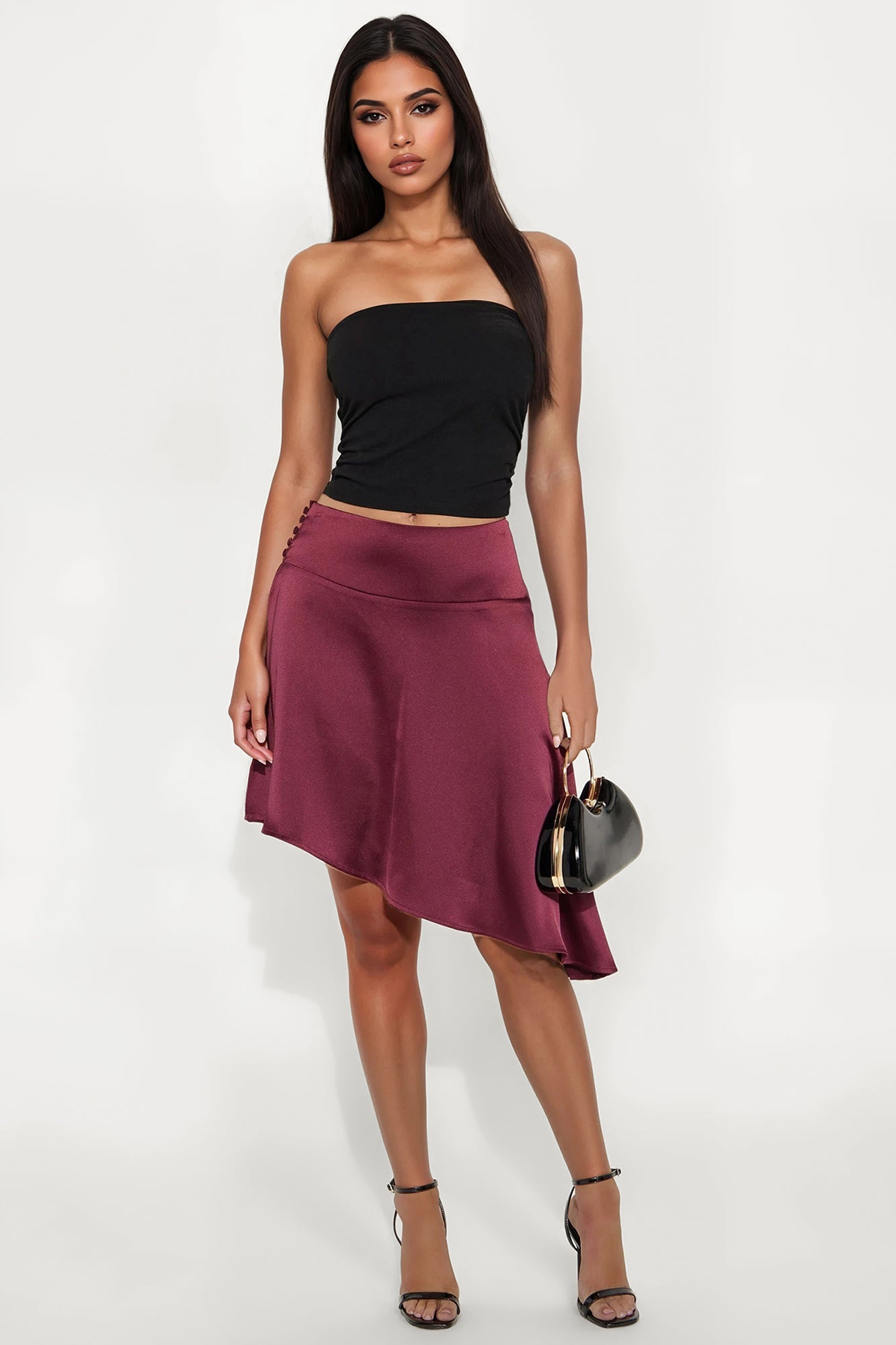 Camille Asymmetrical Satin Midi Skirt - Burgundy