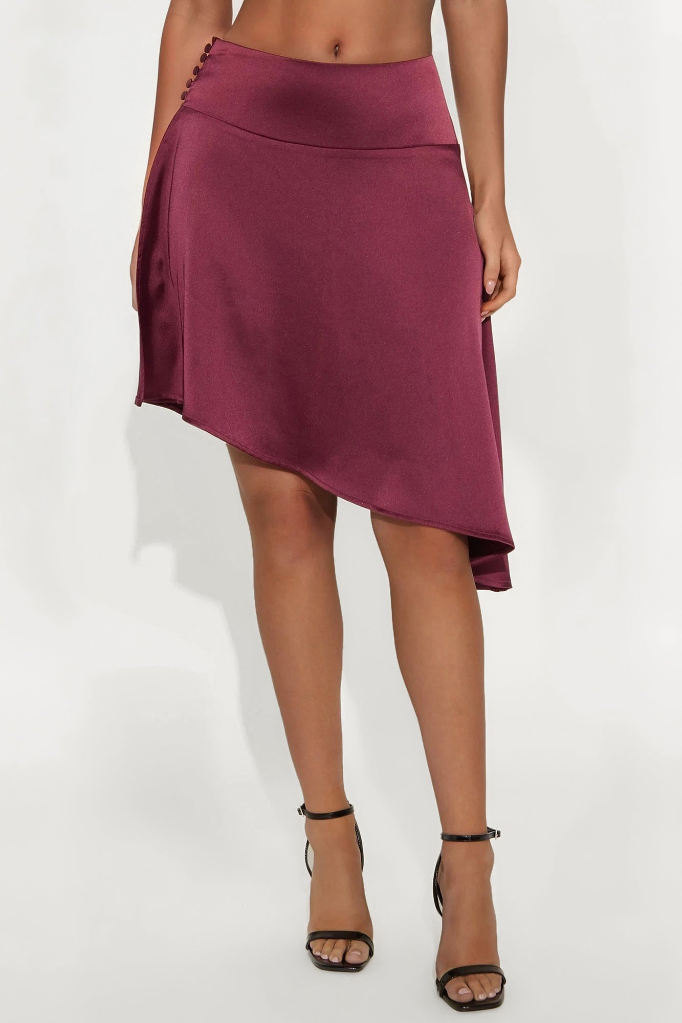 Camille Asymmetrical Satin Midi Skirt - Burgundy