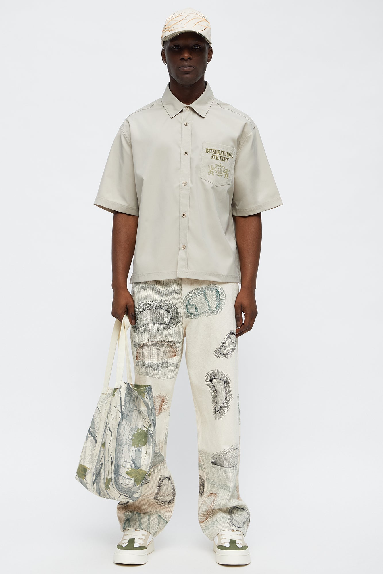 Cropped Athletic Dept. Short Sleeve Button Up Shirt - Khaki