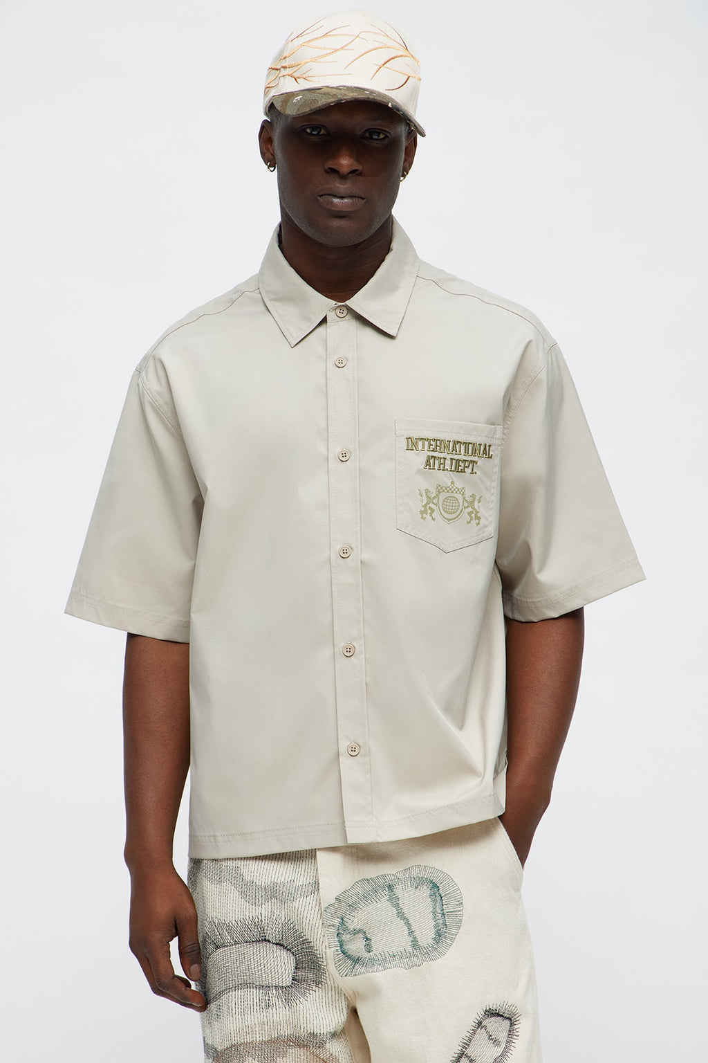 Cropped Athletic Dept. Short Sleeve Button Up Shirt - Khaki
