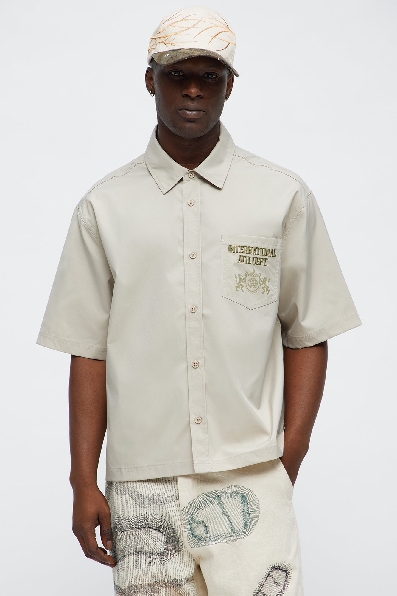 Cropped Athletic Dept. Short Sleeve Button Up Shirt - Khaki