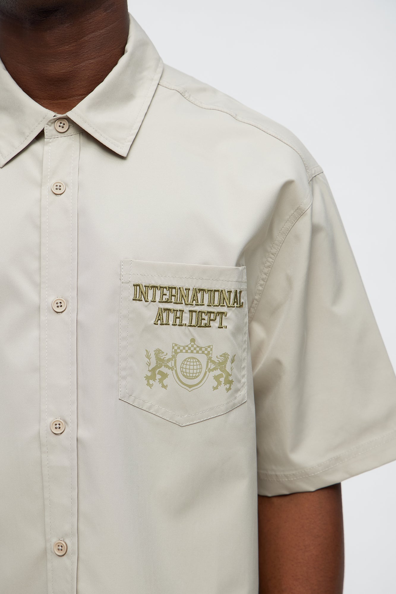 Cropped Athletic Dept. Short Sleeve Button Up Shirt - Khaki