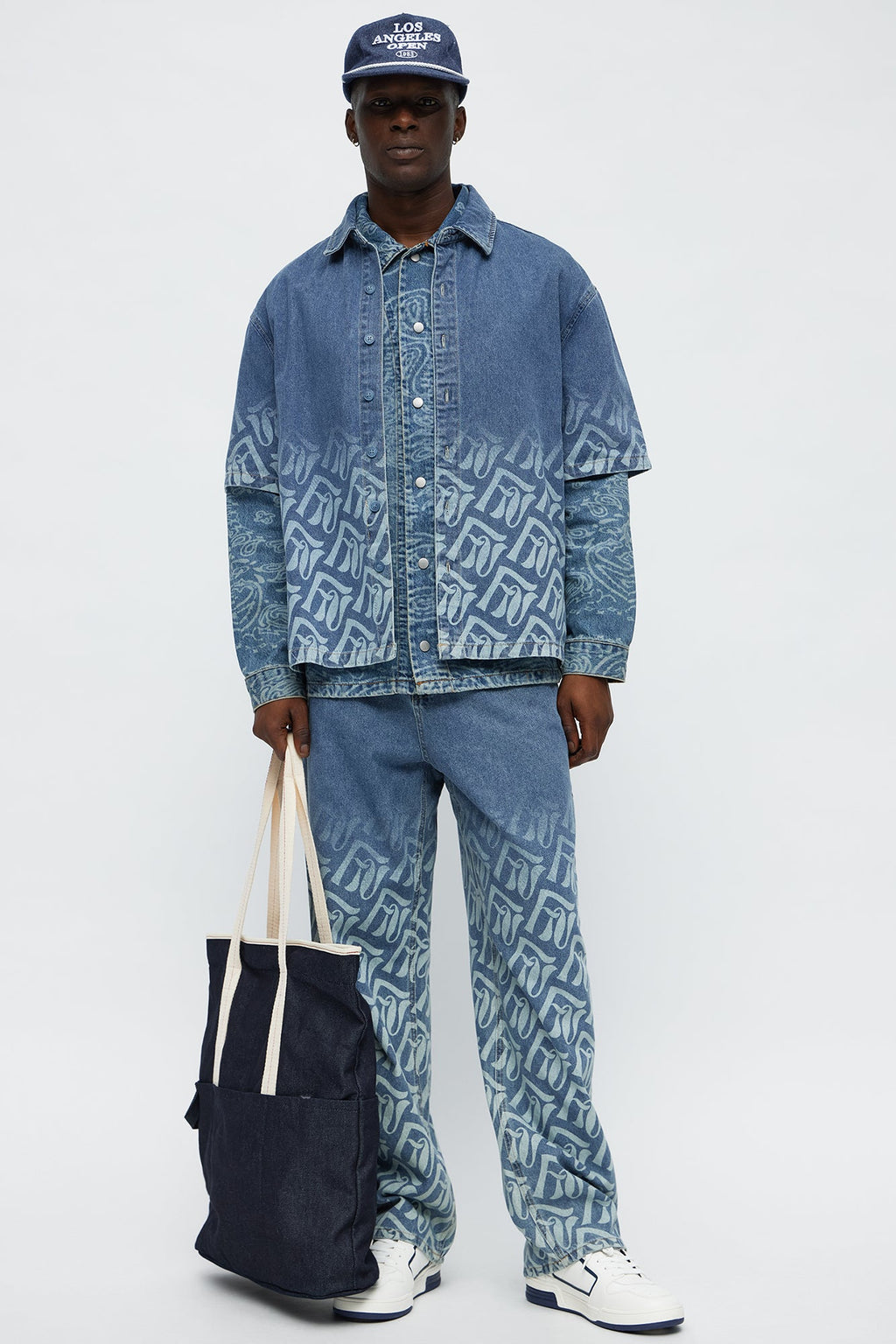 Boxy Cropped Chateau Monogram Denim Shirt - Light Blue Wash