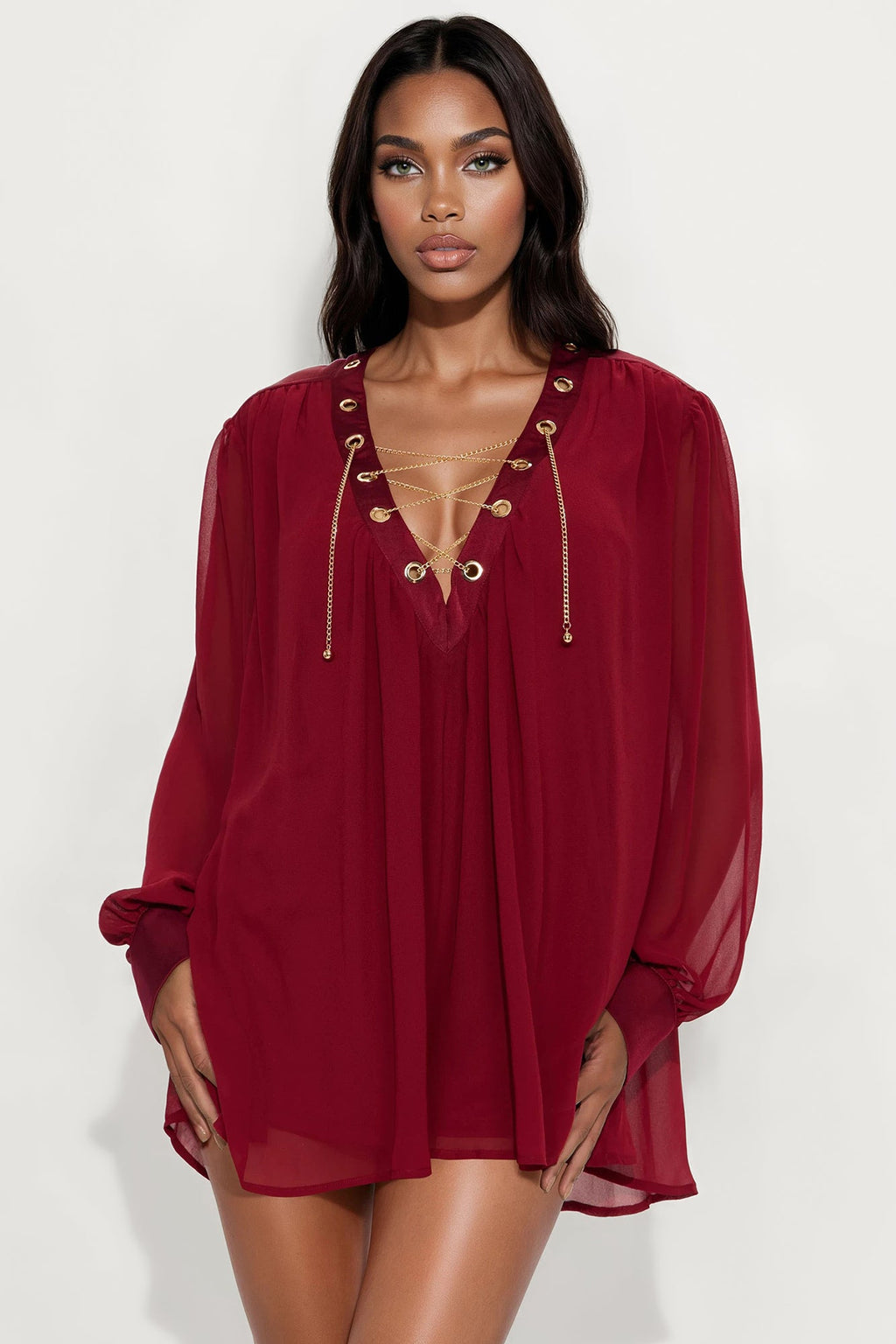 Annice Chiffon Long Sleeve Romper - Burgundy