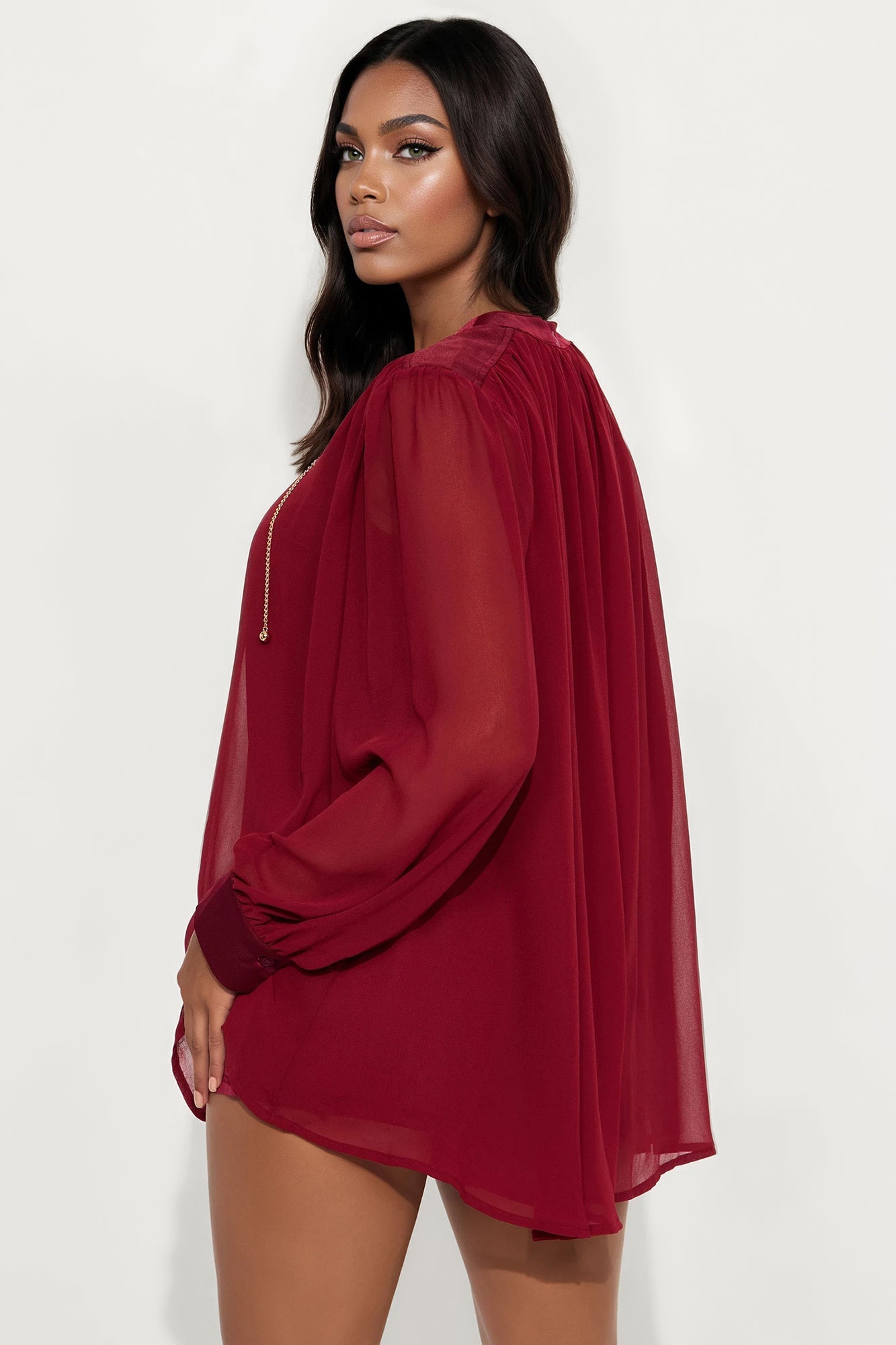 Annice Chiffon Long Sleeve Romper - Burgundy