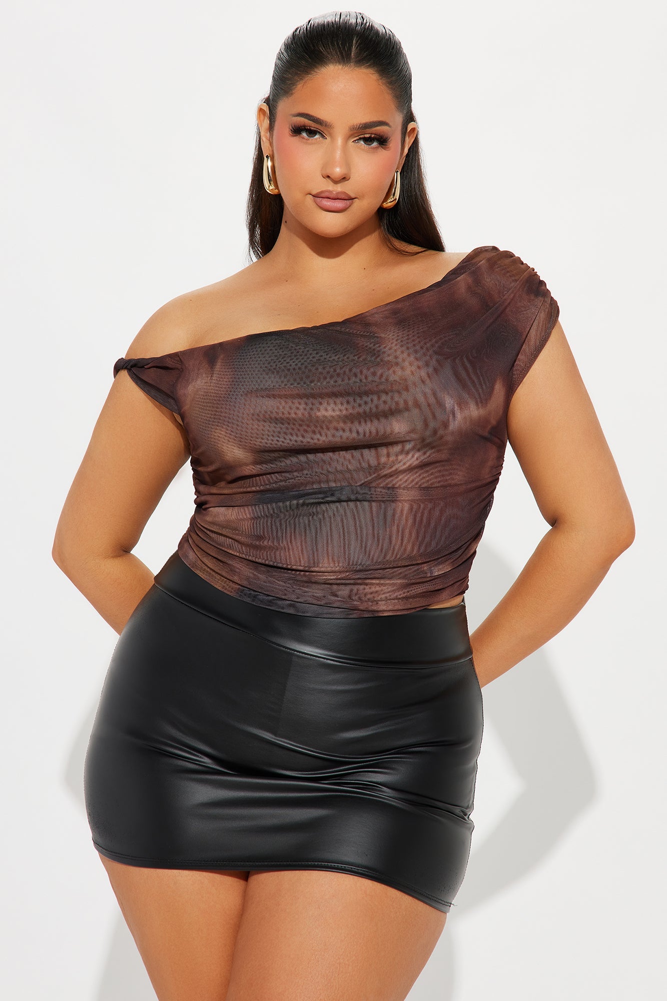 Julia Mesh Off Shoulder Top - Brown/combo