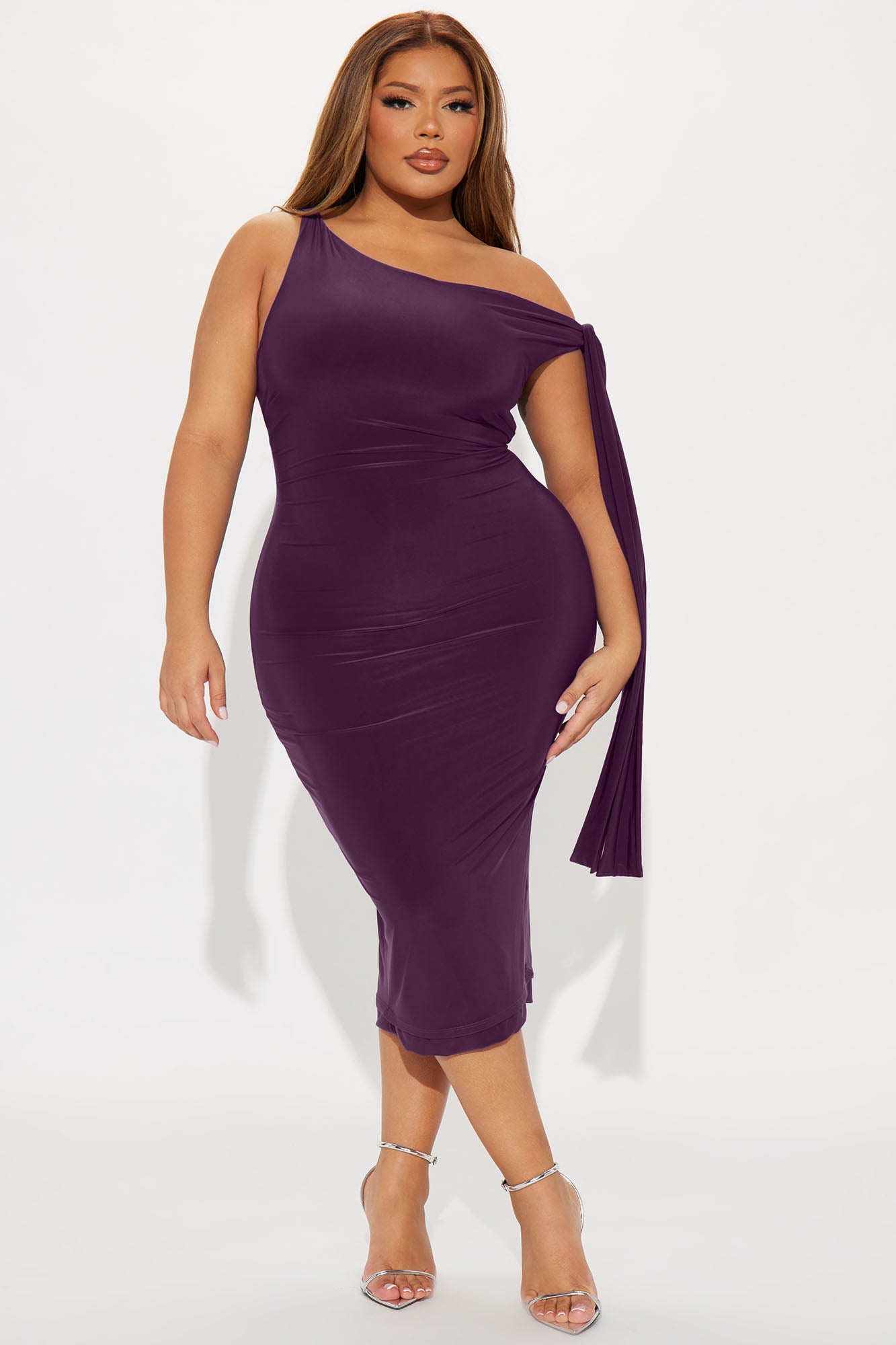 Olympia Twist One Shoulder Midi Dress - Plum