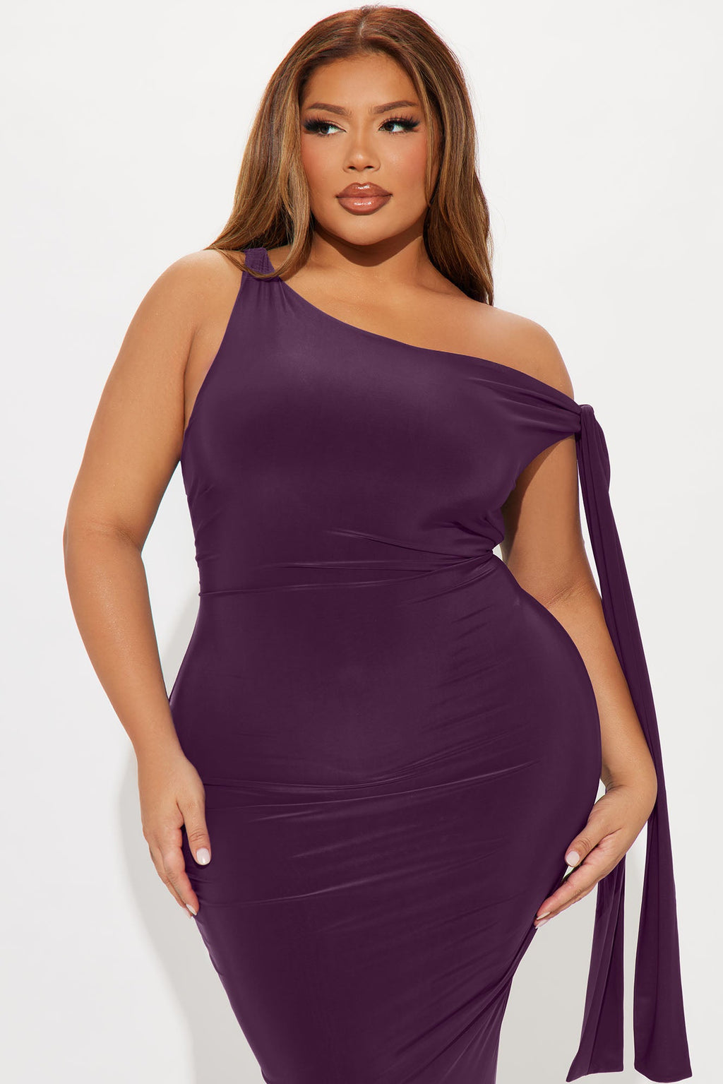 Olympia Twist One Shoulder Midi Dress - Plum