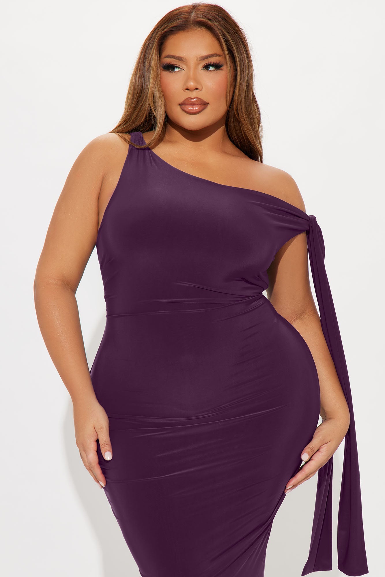 Olympia Twist One Shoulder Midi Dress - Plum