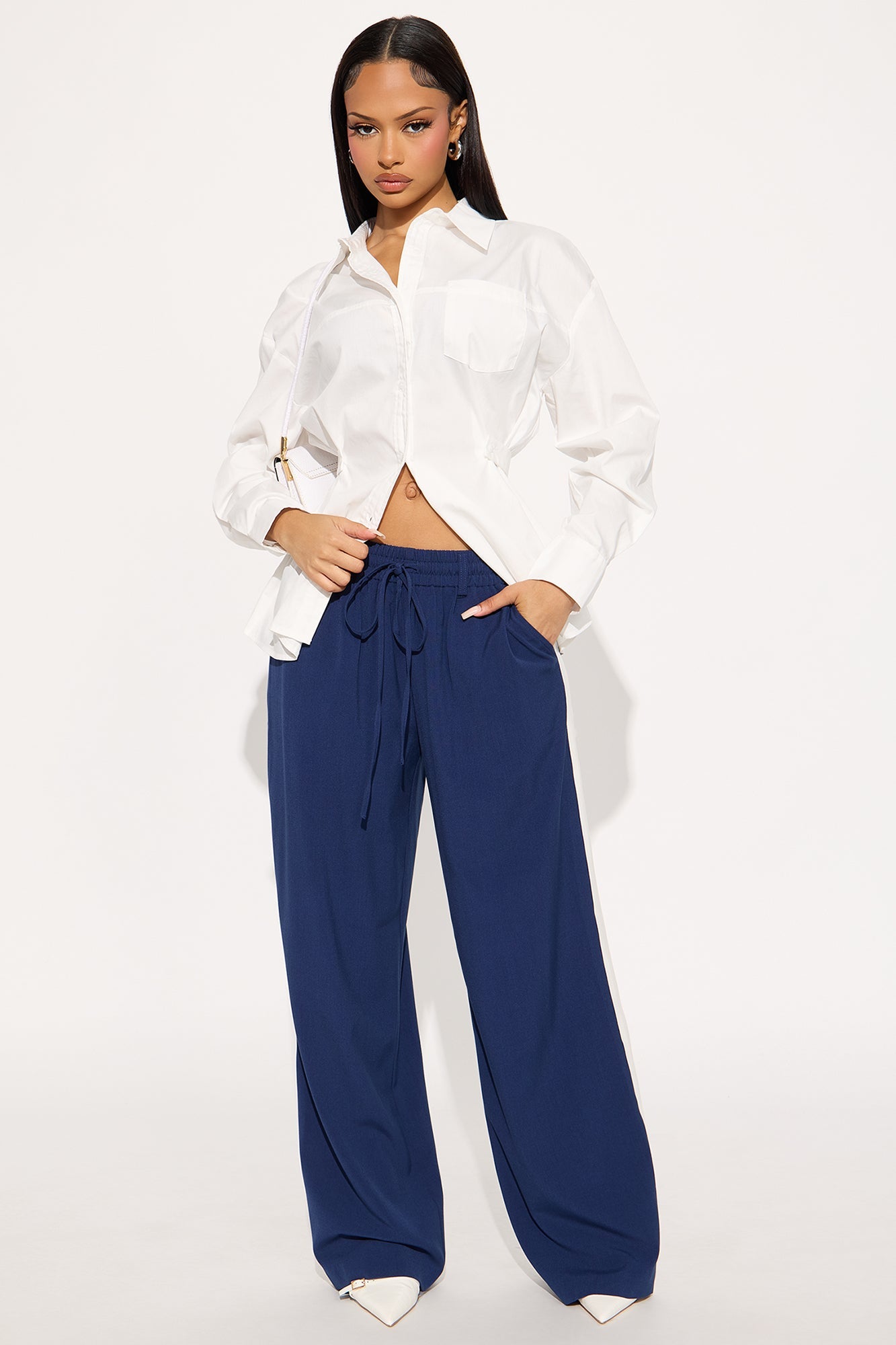 On Track Wide Leg Woven Side Stripe Pants - Navy