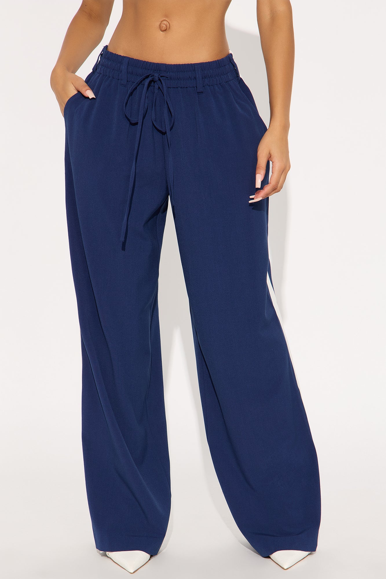 On Track Wide Leg Woven Side Stripe Pants - Navy