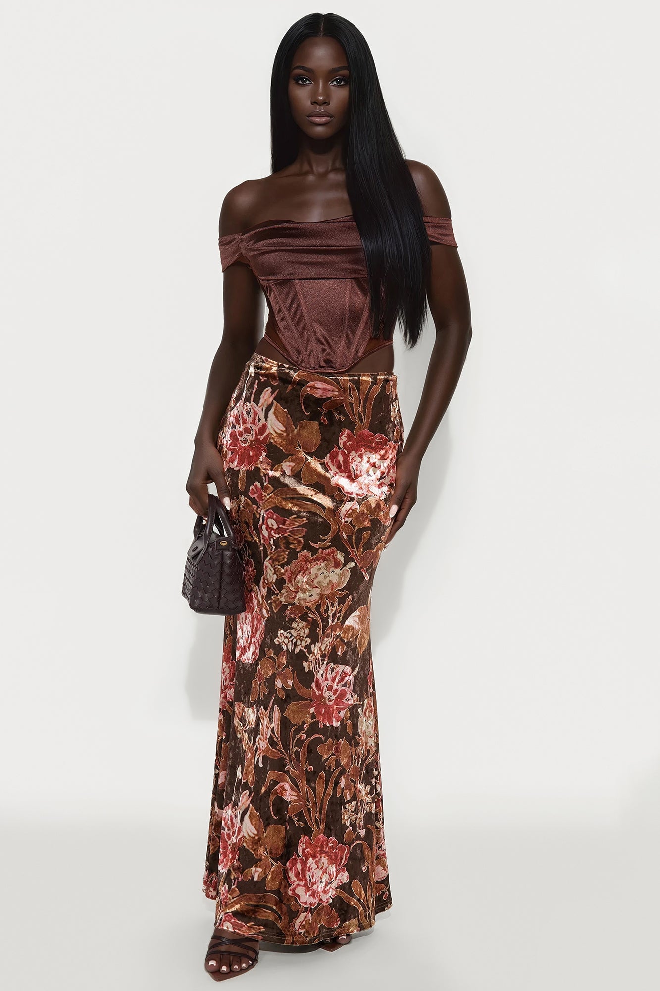 Bella Dark Floral Velvet Maxi Skirt - Multi Color
