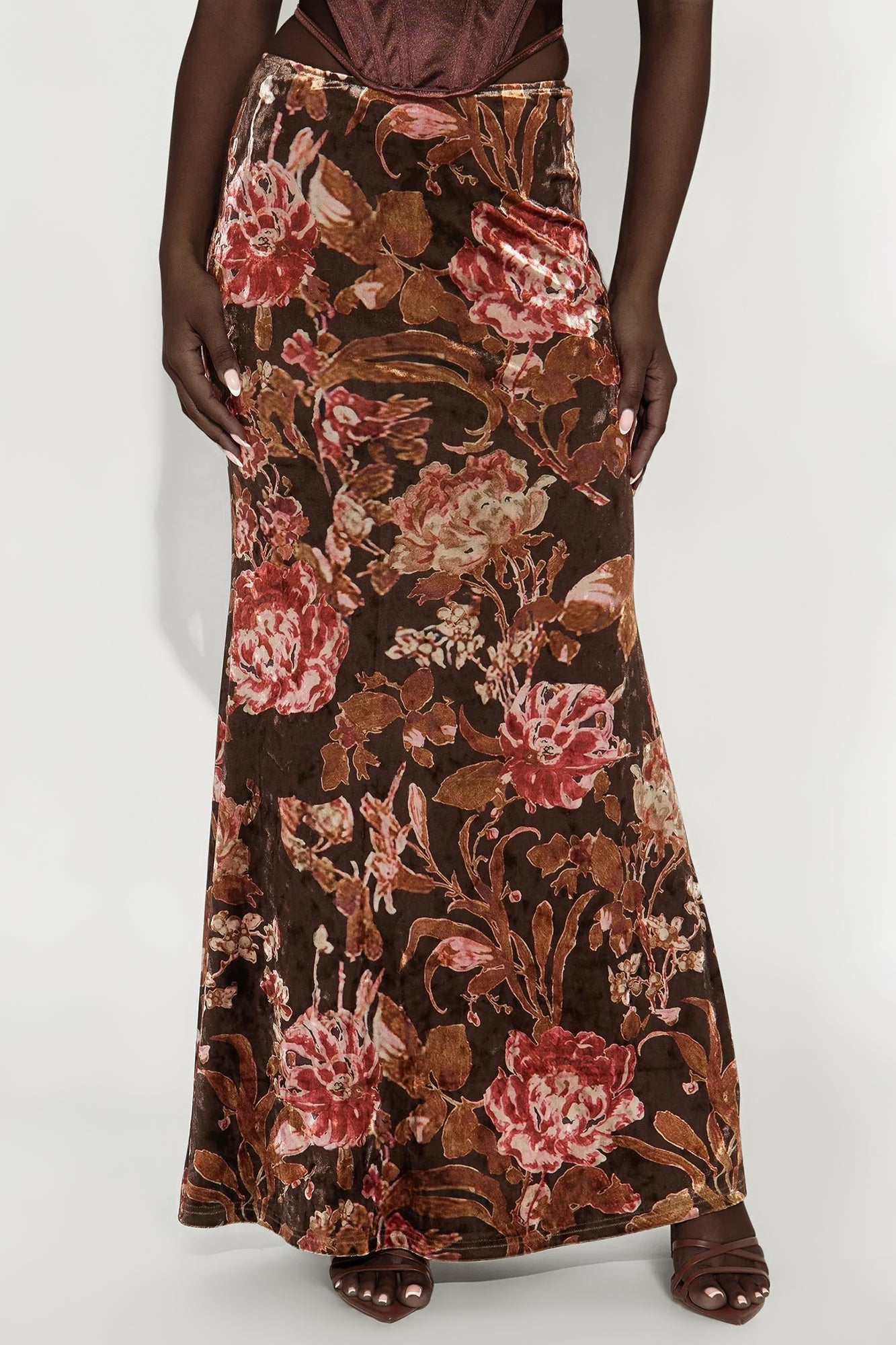 Bella Dark Floral Velvet Maxi Skirt - Multi Color