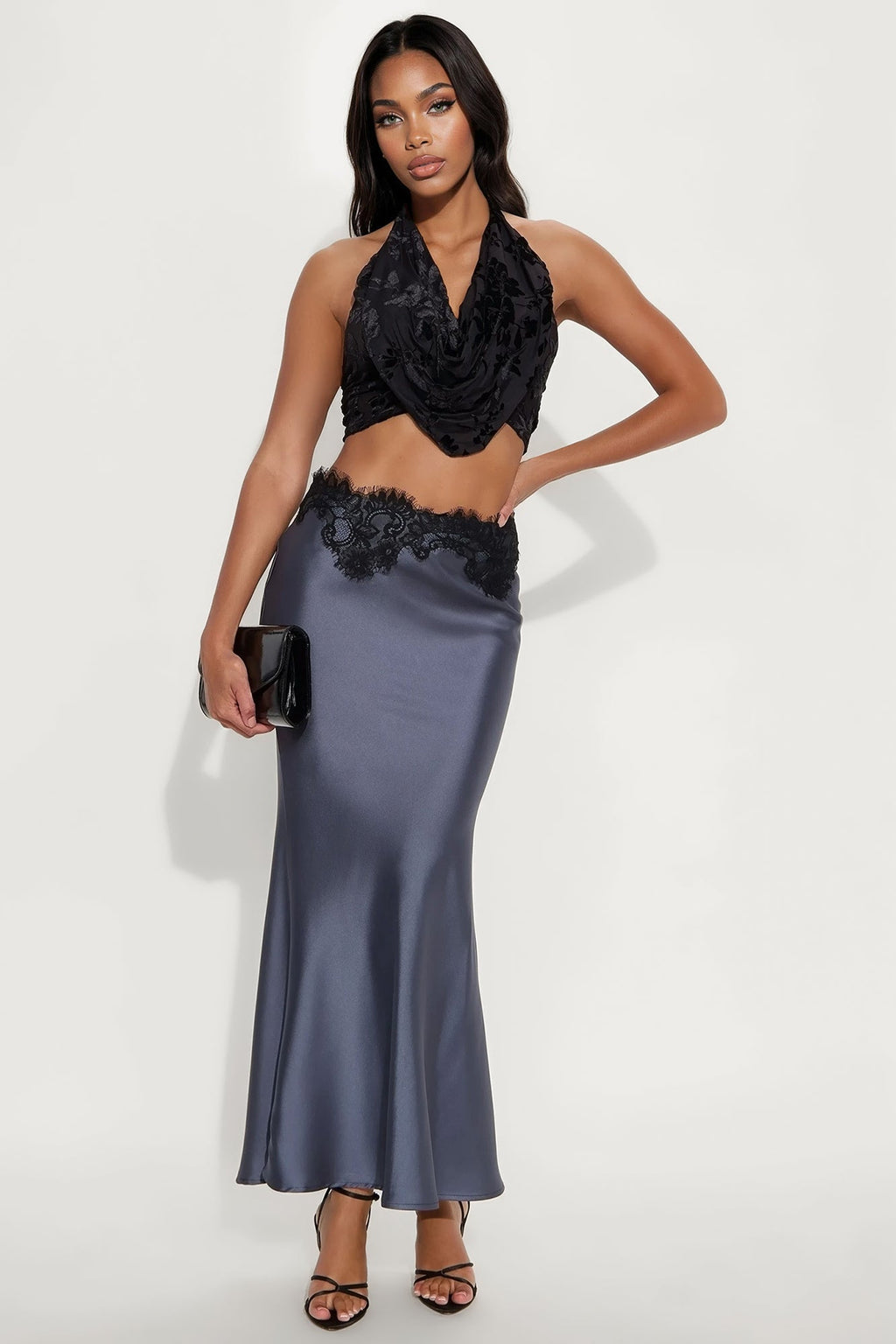 Selene Satin Lace Maxi Skirt - Slate Blue