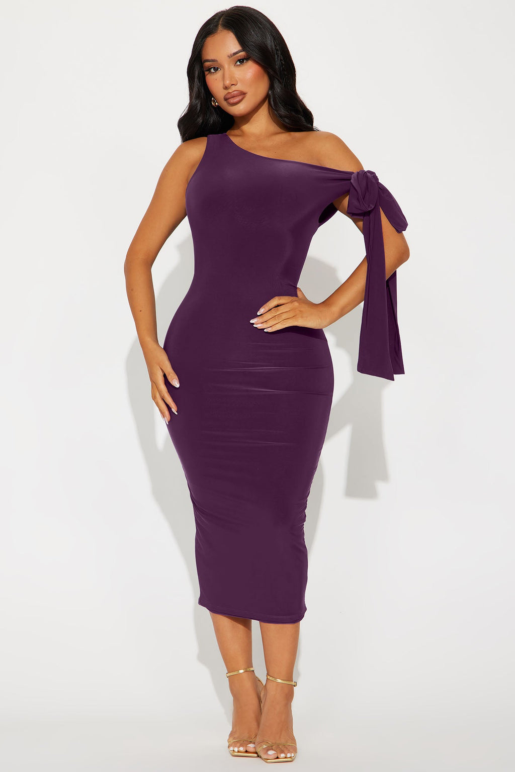 Olympia Twist One Shoulder Midi Dress - Plum