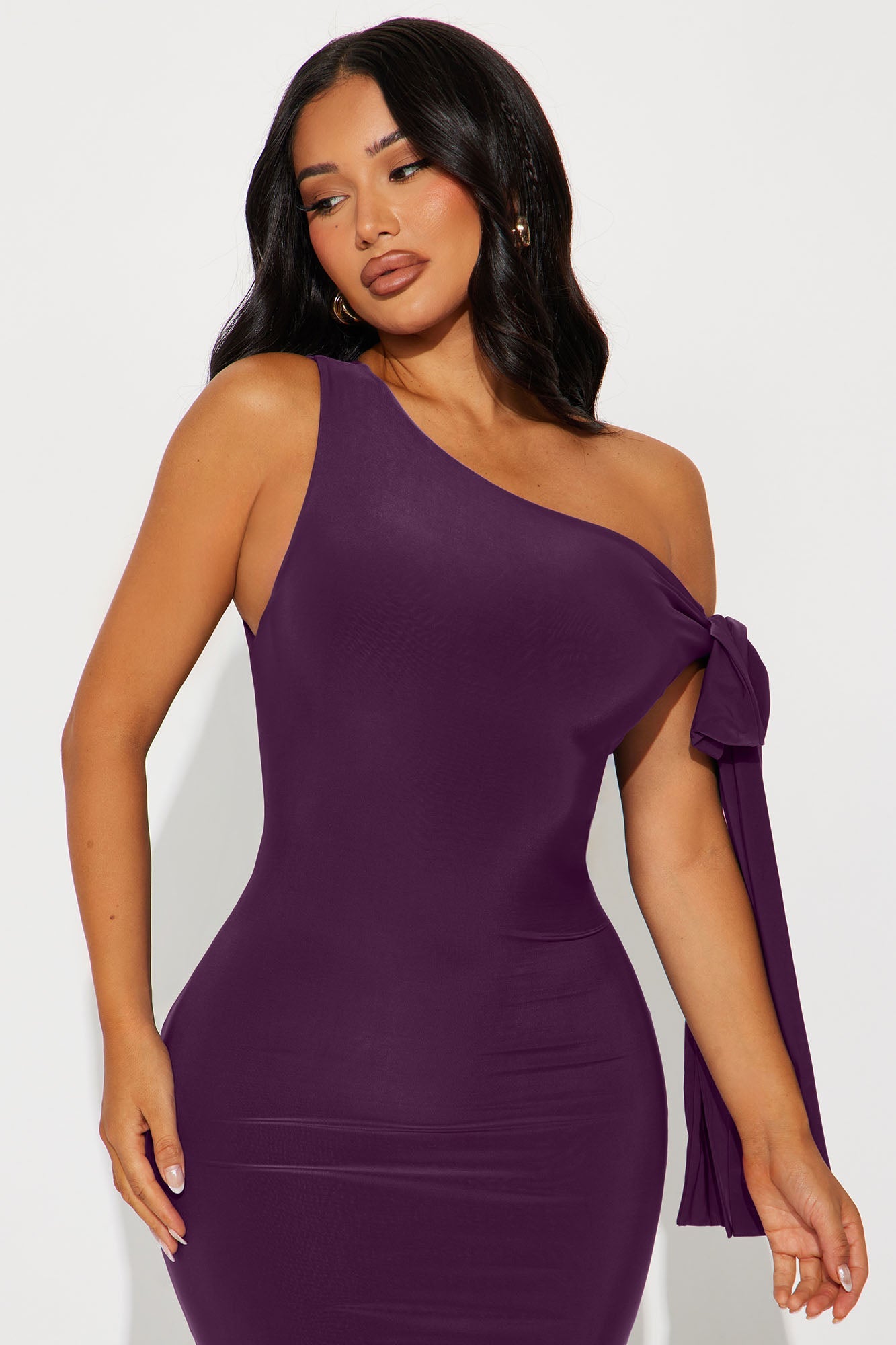 Olympia Twist One Shoulder Midi Dress - Plum