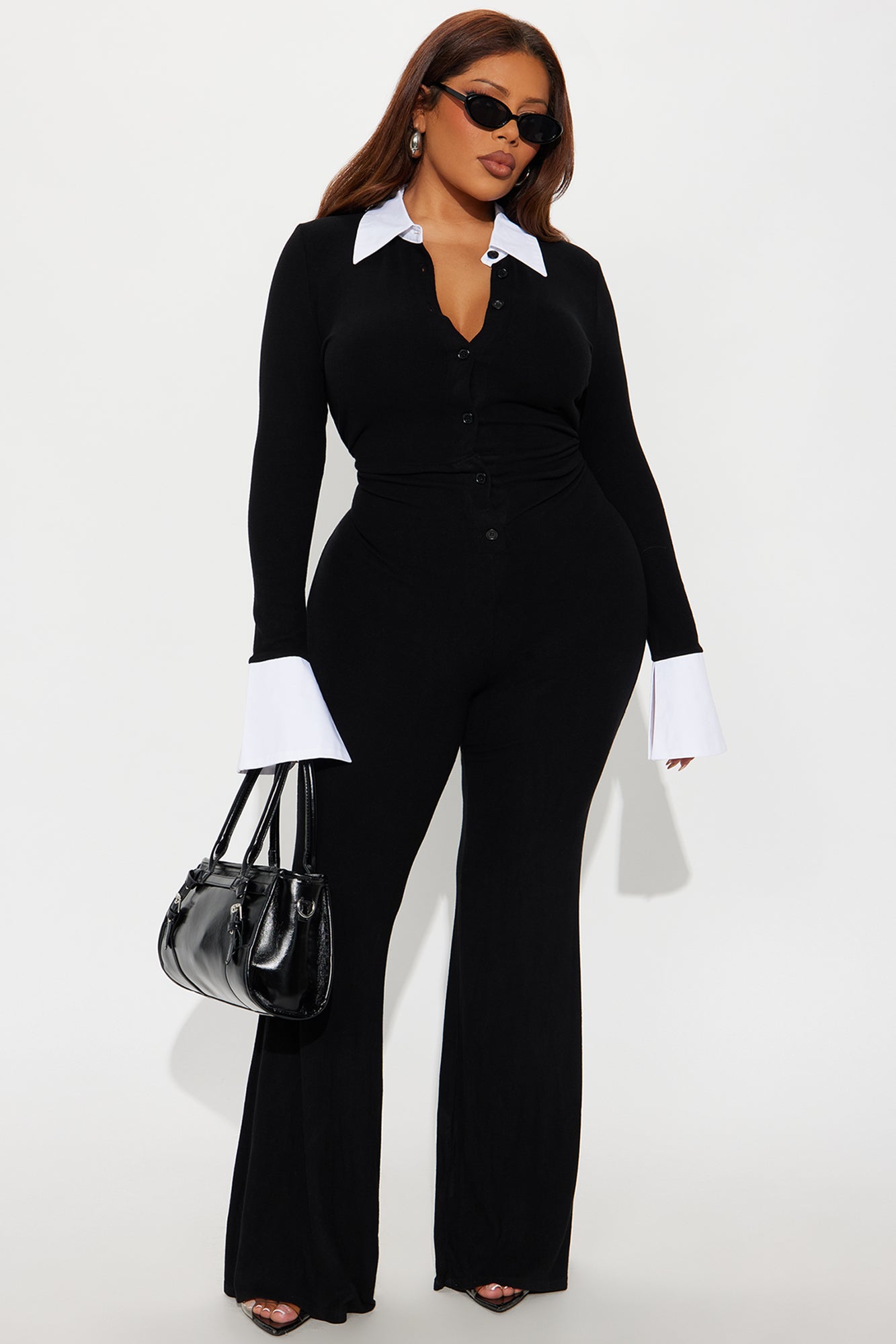 Collegiate Cutie Long Sleeve Flare Jumpsuit - Black