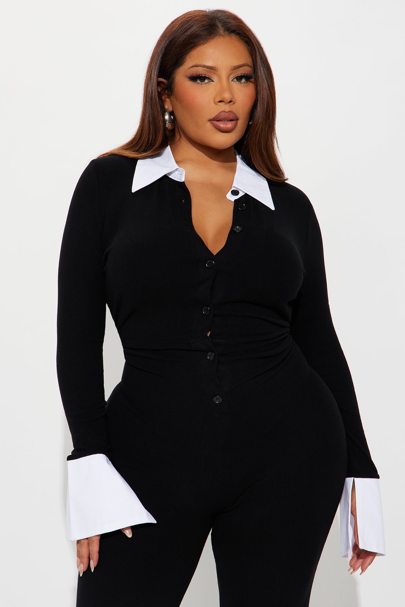 Collegiate Cutie Long Sleeve Flare Jumpsuit - Black