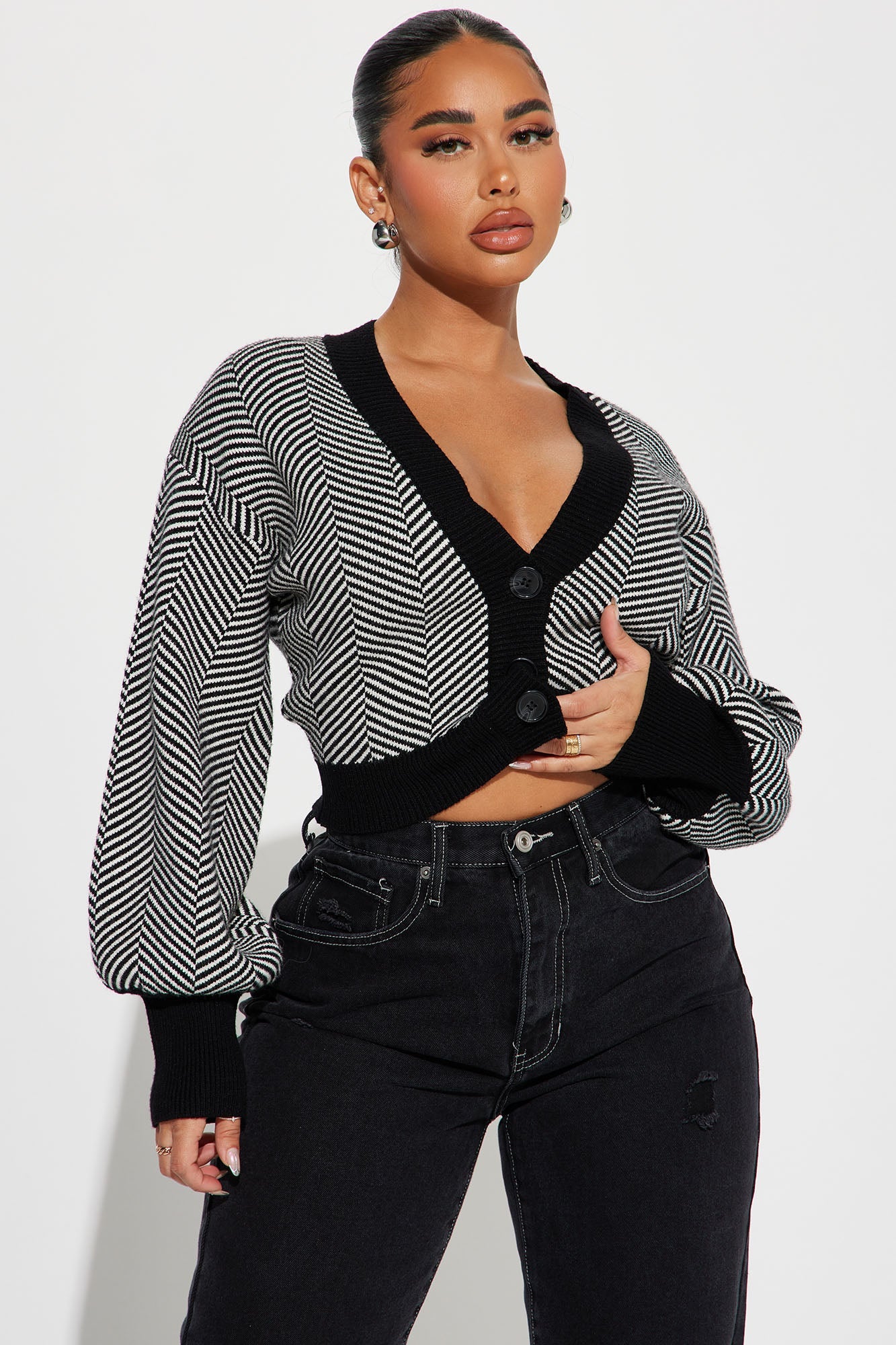 Madison Stripe Cropped Cardigan - Black/White