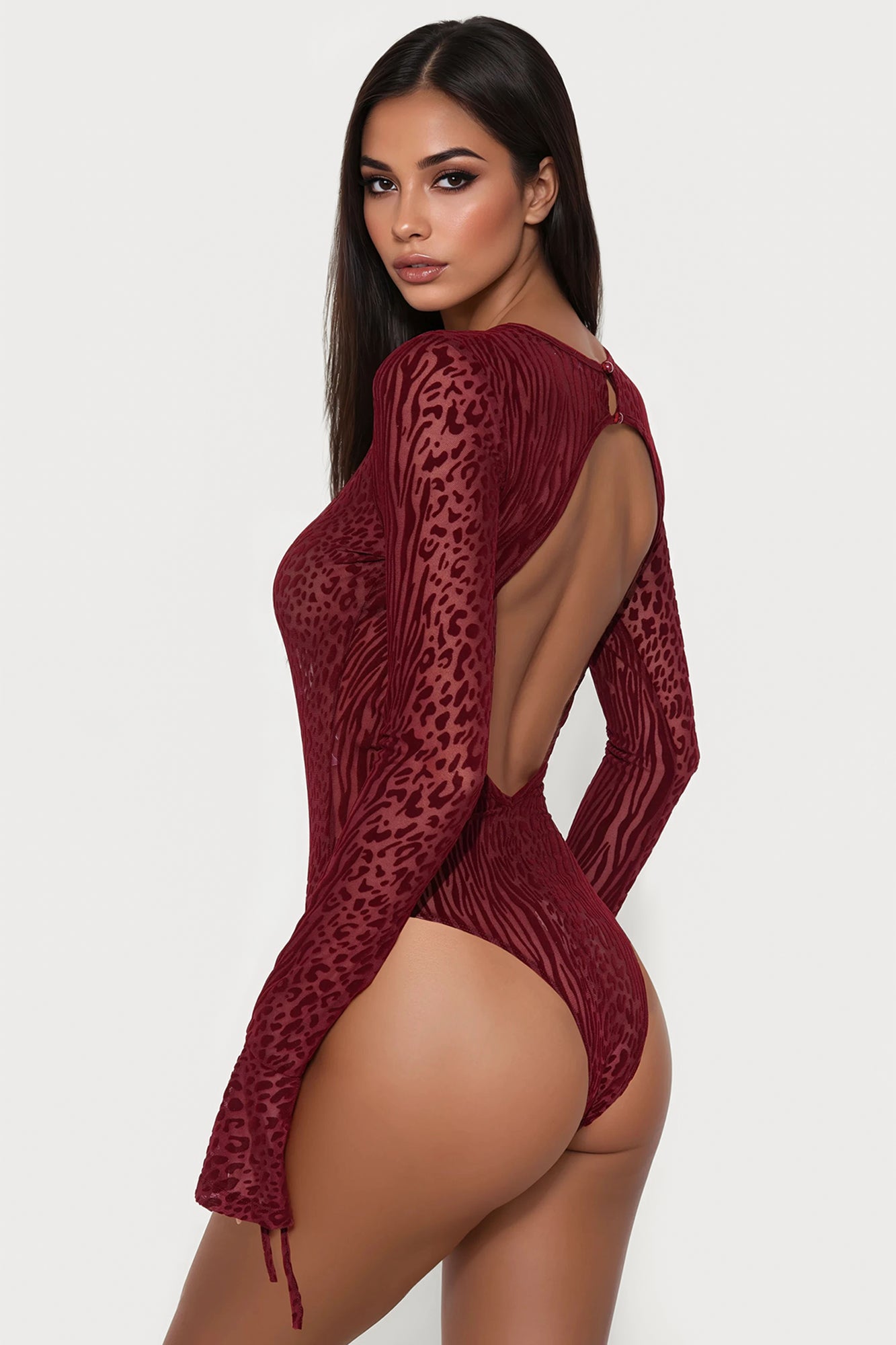 Power Play Flocked Mesh Long Sleeve Bodysuit - Burgundy