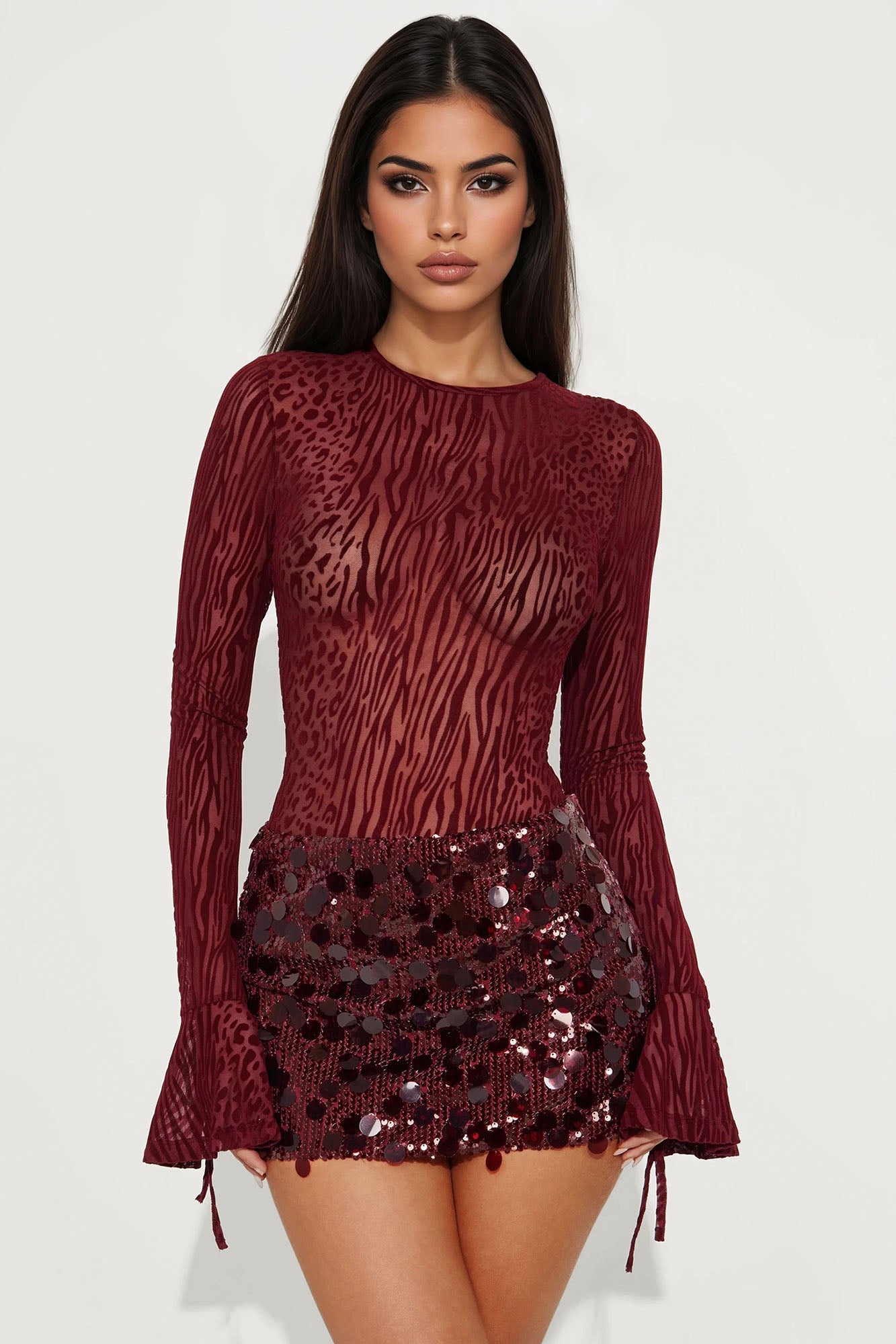 Power Play Flocked Mesh Long Sleeve Bodysuit - Burgundy